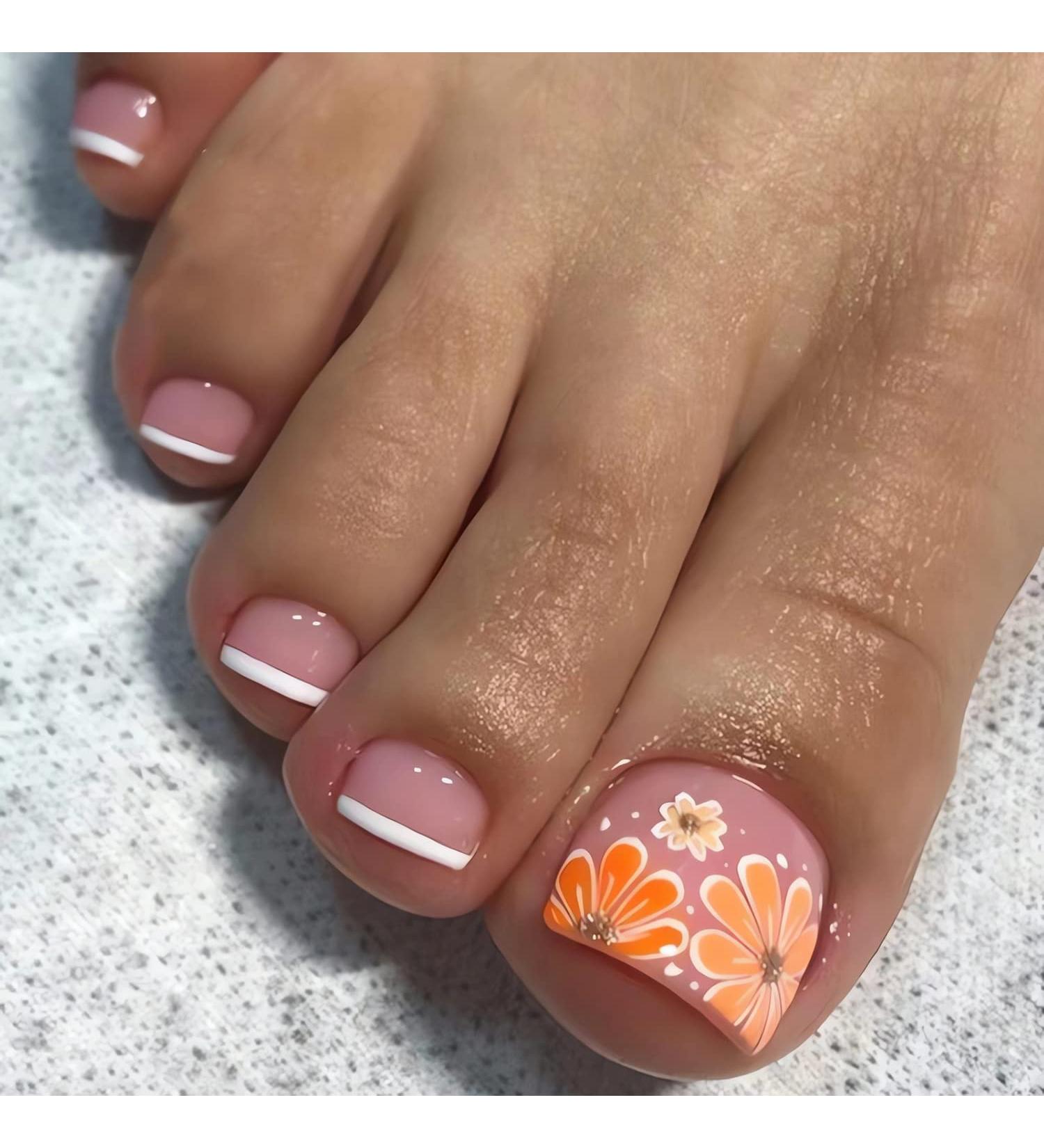 24pcs Short French Tip White Square Fake Toe Nails with Yellow Flower Design - Glossy Pink Acrylic Toe Nails for Women - Summer Nail Decorations - Buy Online on GoSupps.com