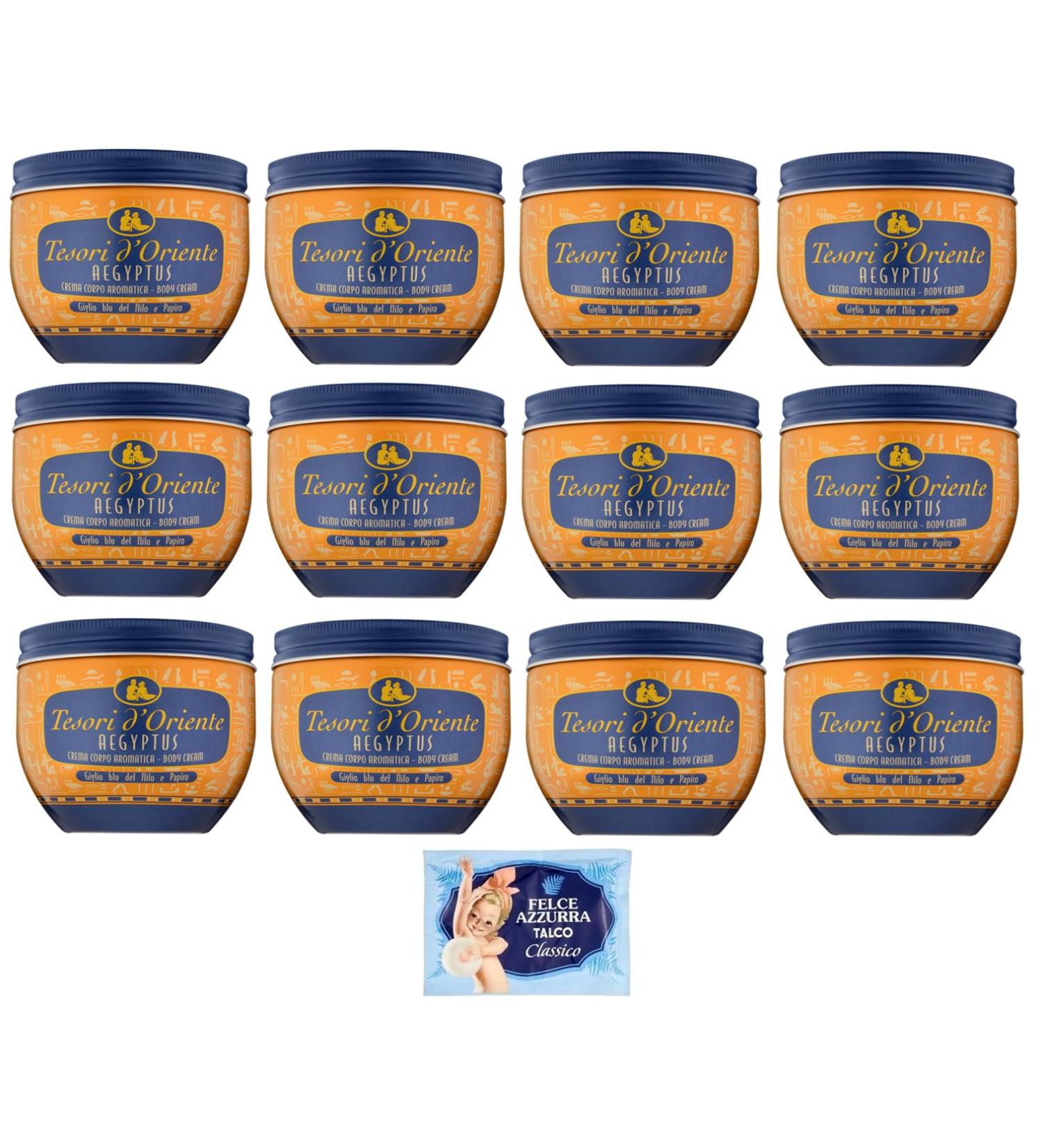  Felce Azzurra Tesori d'Oriente Crema Corpo Aegyptus Body Cream with Blue Nile Lily and Papyrus Milk 300 ml + 1 x Free Felce Azzurra Talcum Powder Bag 100 g Pack of 12 - Buy Online on GoSupps.com