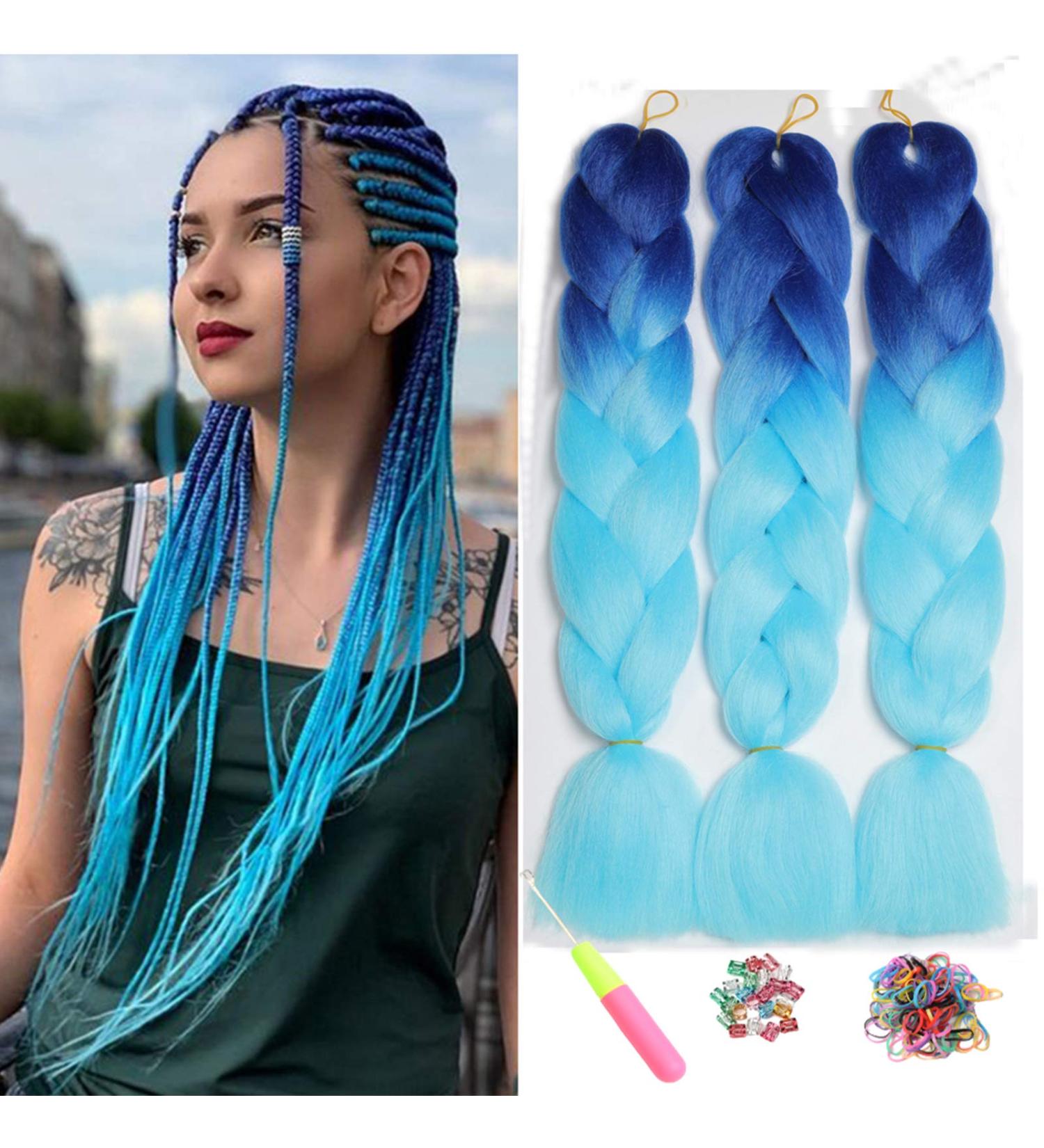 Showjarlly Kanecalon Hair Extensions - Ombre Jumbo Braid 24 - Sapphire Blue/Sky Blue Braids for Stylish Looks | International Shipping Available - Buy Online on GoSupps.com