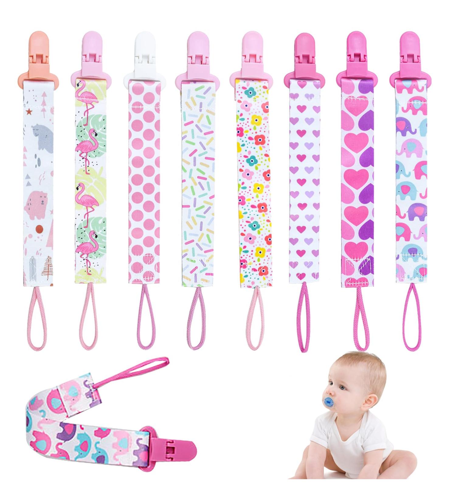 8Pcs Girls Baby Pacifier Clips - Dummy Clip Soother Chains with Silicone Ring Adapter for Dummies, Soothers, Teething Toys - Newborn Essentials in Pink - Buy Online on GoSupps.com