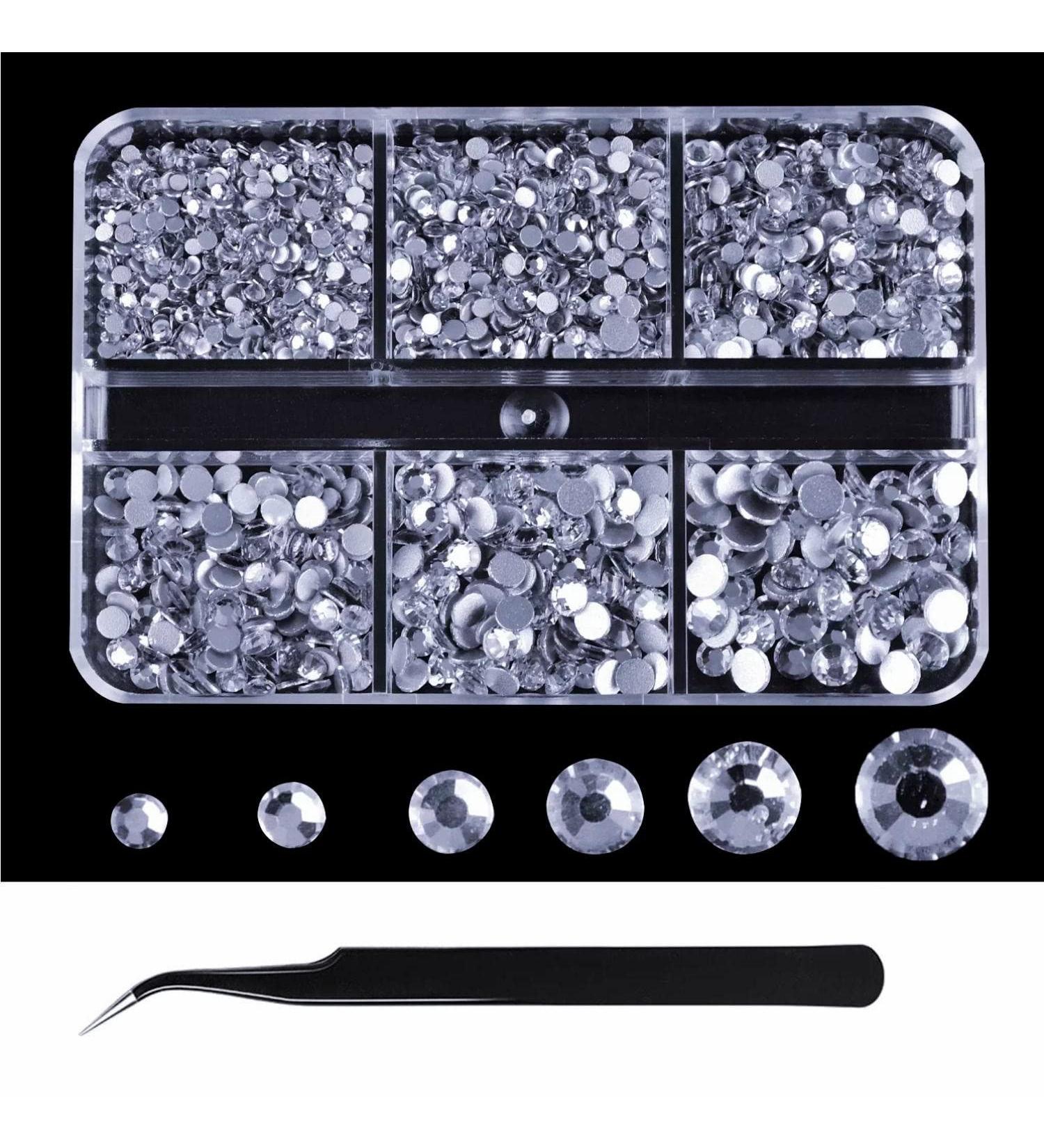 1600 pieces of Glitter Rhinestones for Nails Transparent Crystal and Diamond Crystal AB Nail Art Decorations with 1 Tweezer (6 Sizes) (1600 Pieces) - Buy Online on GoSupps.com