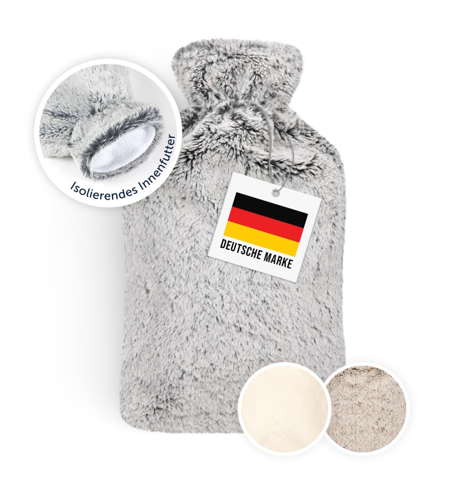Blumtal Premium Hot Water Bottle - Soft Synthetic Fur Cover | Natural Rubber | Safe for Children & Babies | Luxury Gray Heating Pad - Buy Online on GoSupps.com