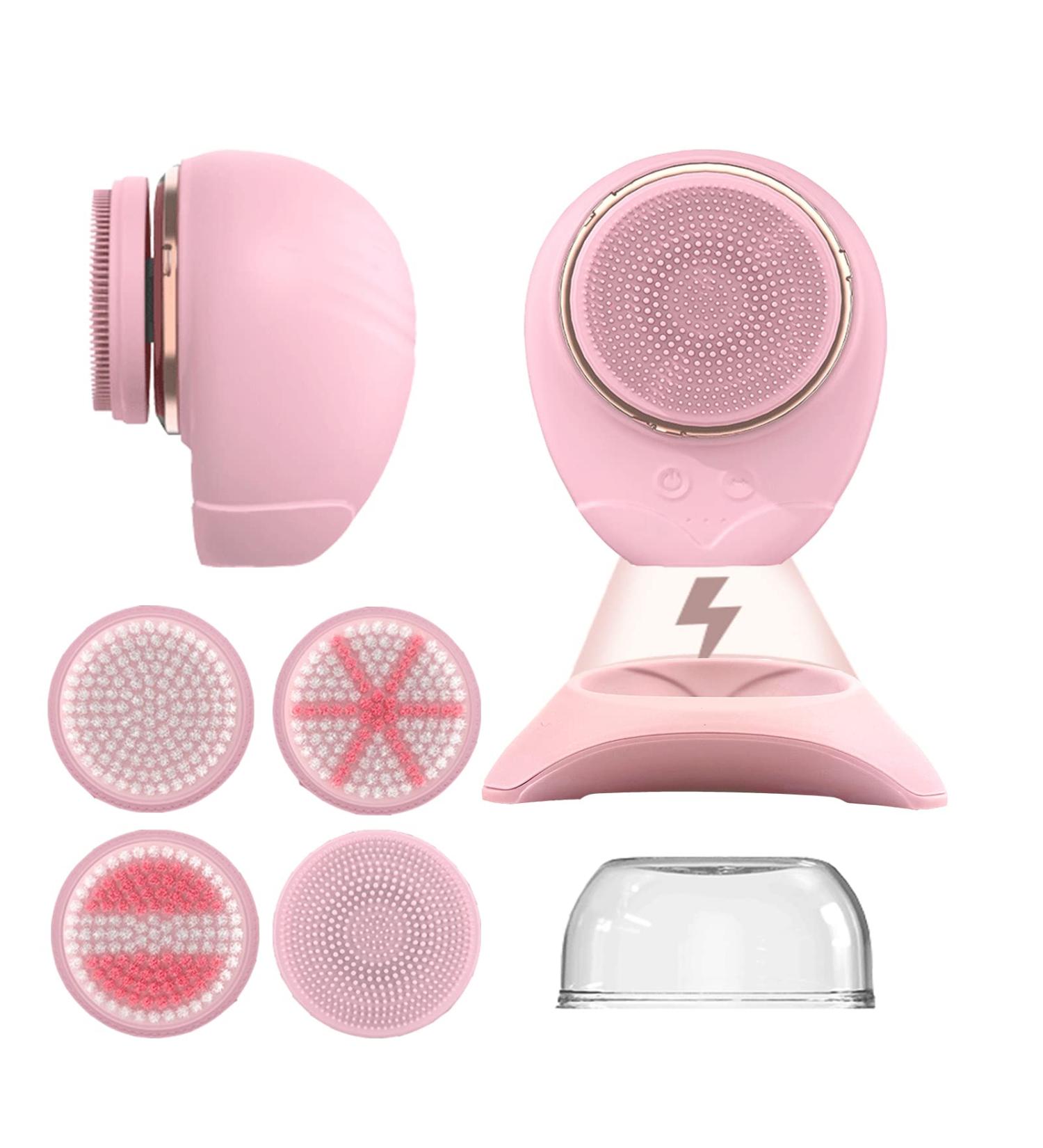 JUNLUNCE Rechargeable Facial Cleansing Brush | IPX7 Waterproof with 4 Brush Heads | Silicone Anti-Static Lifting Massaging | Deep Pore Cleansing | Pink - Buy Online on GoSupps.com