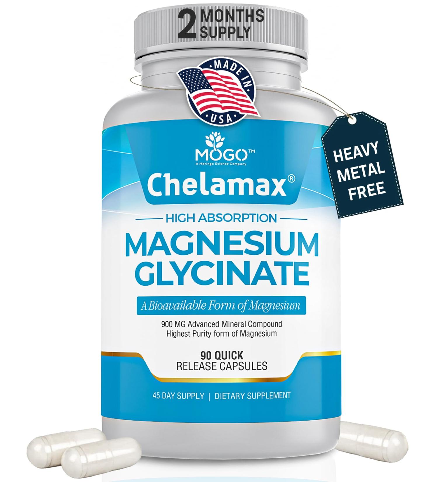 Chelamax Magnesium Glycinate.Dead Sea Sourced 100% Chelated Magnesium for Sleep Support Muscle Cramps Bone Health. Made in USA 3rd Party Tested Heavy Metal Free Glicinato de Magnesio Capsules. 90 Count (Pack of 1) - Buy Online on GoSupps.com
