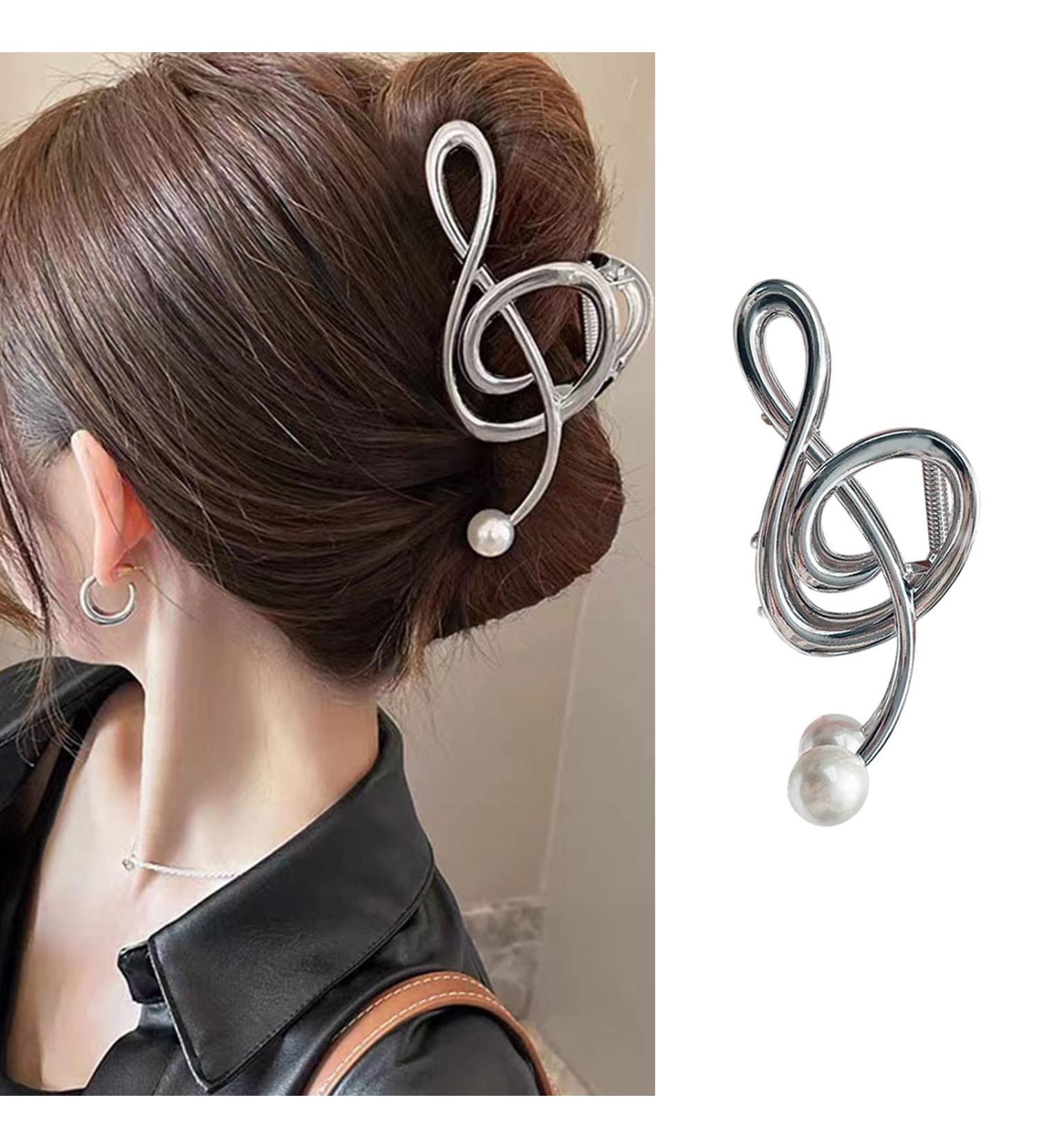 Silver Musical Note Hair Clip with Pearl Designs | Large Non-slip Hair Claw Barrette for Women | Cute Styling Accessory - Buy Online on GoSupps.com