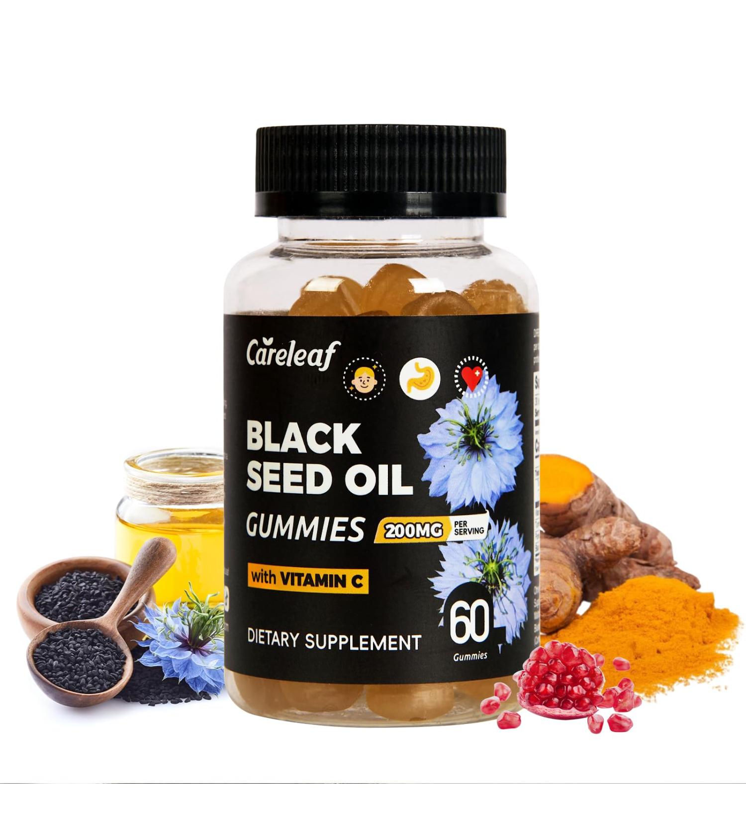 Black Seed Oil Gummies with Turmeric & Pomegranate | 200mg Antioxidant Supplement for Immune Support, Skin & Heart Health | Vitamin C Enriched for Hair & Nails | Natural Vegan Gummy - Buy Online on GoSupps.com