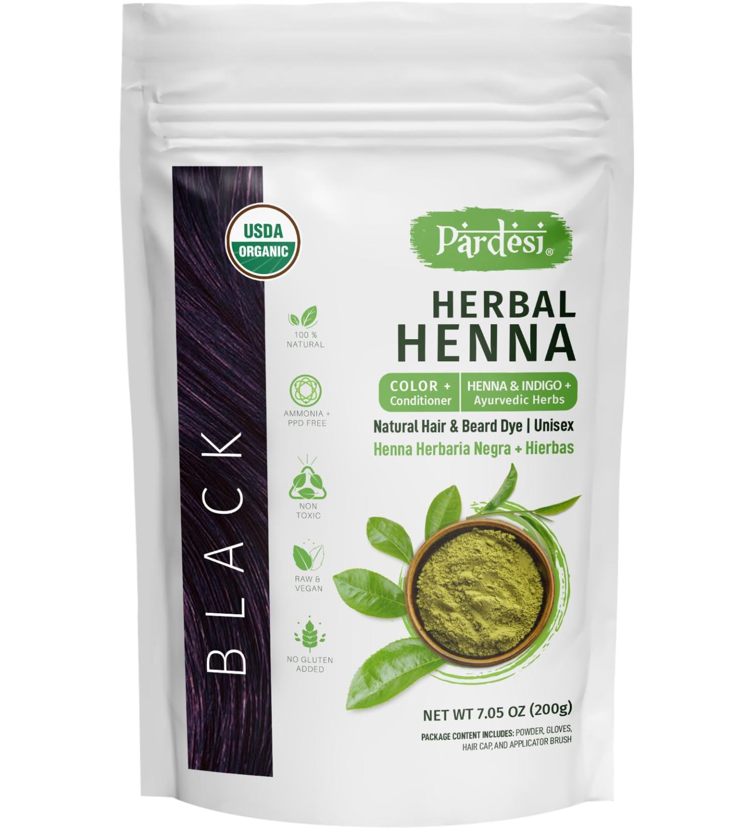 Pardesi Hair Henna Powder - USDA Organic Natural Black Hair & Beard Dye | 7.05 oz | Amonia & PPD Free | Includes Gloves & Applicator | Unisex Made in India - Buy Online on GoSupps.com