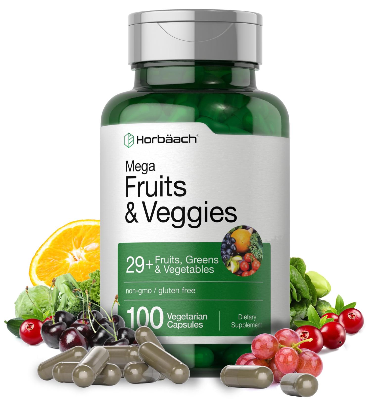 Horb ach Mega Fruits and Veggies Supplement | 100 Capsules | Vegetarian Non-GMO and Gluten Free - Buy Online on GoSupps.com