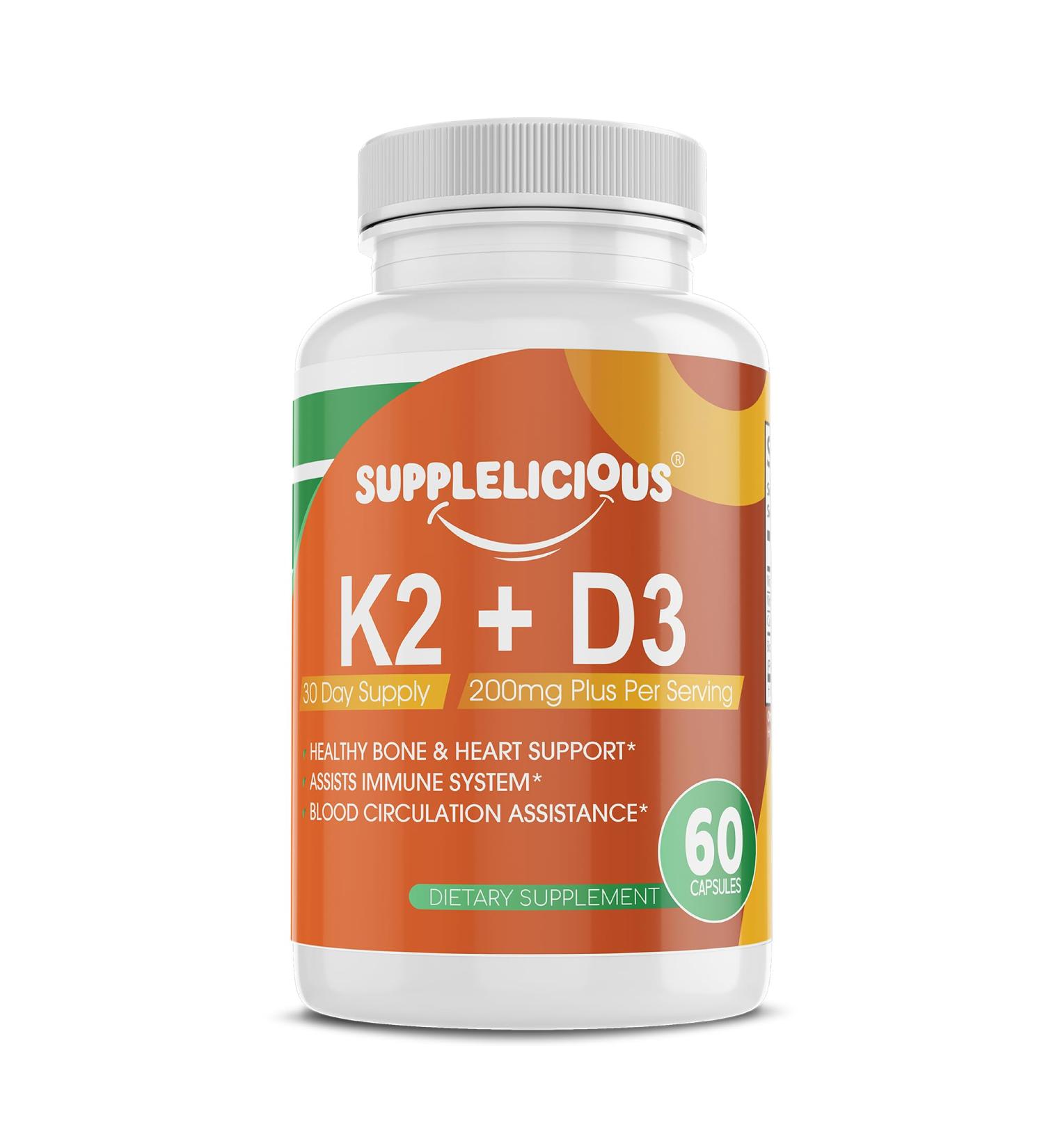 Supplelicious K2 + D3 with Calcium Bone & Heart Health Supplement Immune Support 200mg per Serving 60 Capsules Non-GMO Gluten-Free Made in USA - Buy Online on GoSupps.com