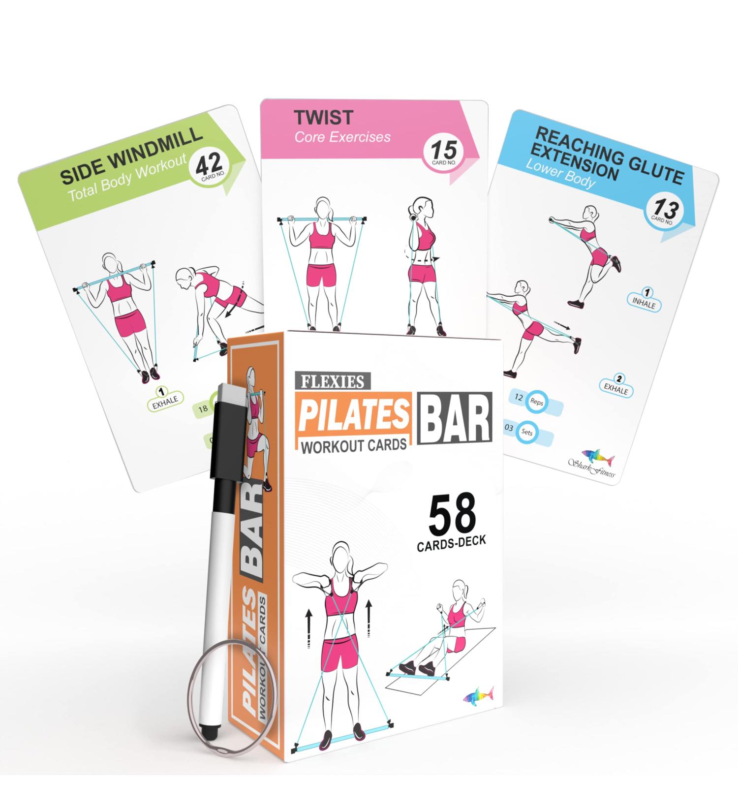 Pilates Bar Workout Cards - 58 Exercise Cards with Stick | Pilates Postures, Instructions, Breathing Tips | Free Ring & Marker - Buy Online on GoSupps.com