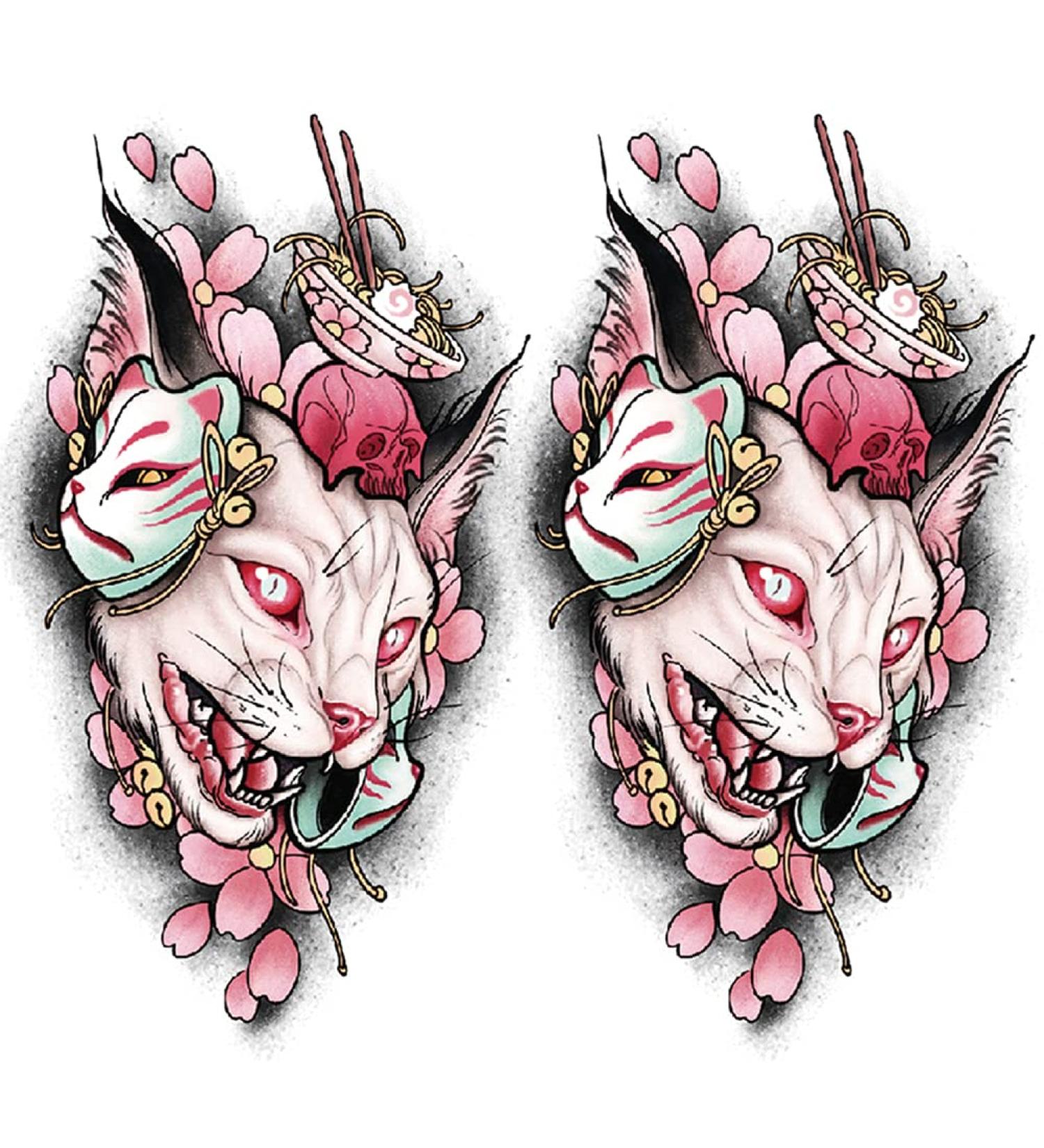 Oottati 2 Sheets Waterproof Temporary Tattoo Stickers - Pink Japanese Mask & Canadian Hairless Cat Skull Design for Arm, Thigh, Leg - Perfect for Leg, Back, Thigh - Buy Online on GoSupps.com