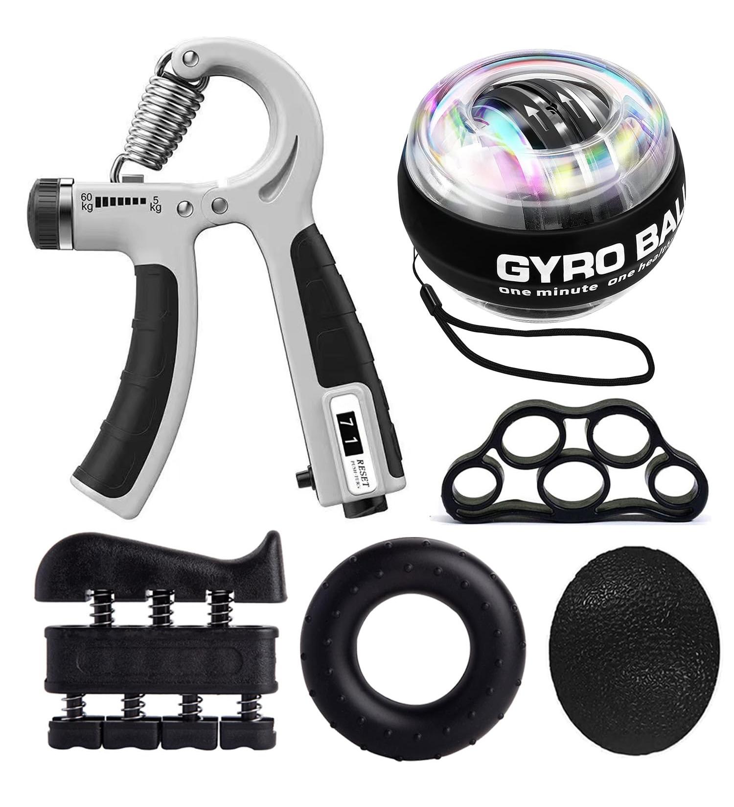 Grip Strength Trainer Kit: Hand Trainer Finger & Wrist Coach Forearm Training Equipment - Gyroball Gray & Black for Stress Relief - Buy Online on GoSupps.com
