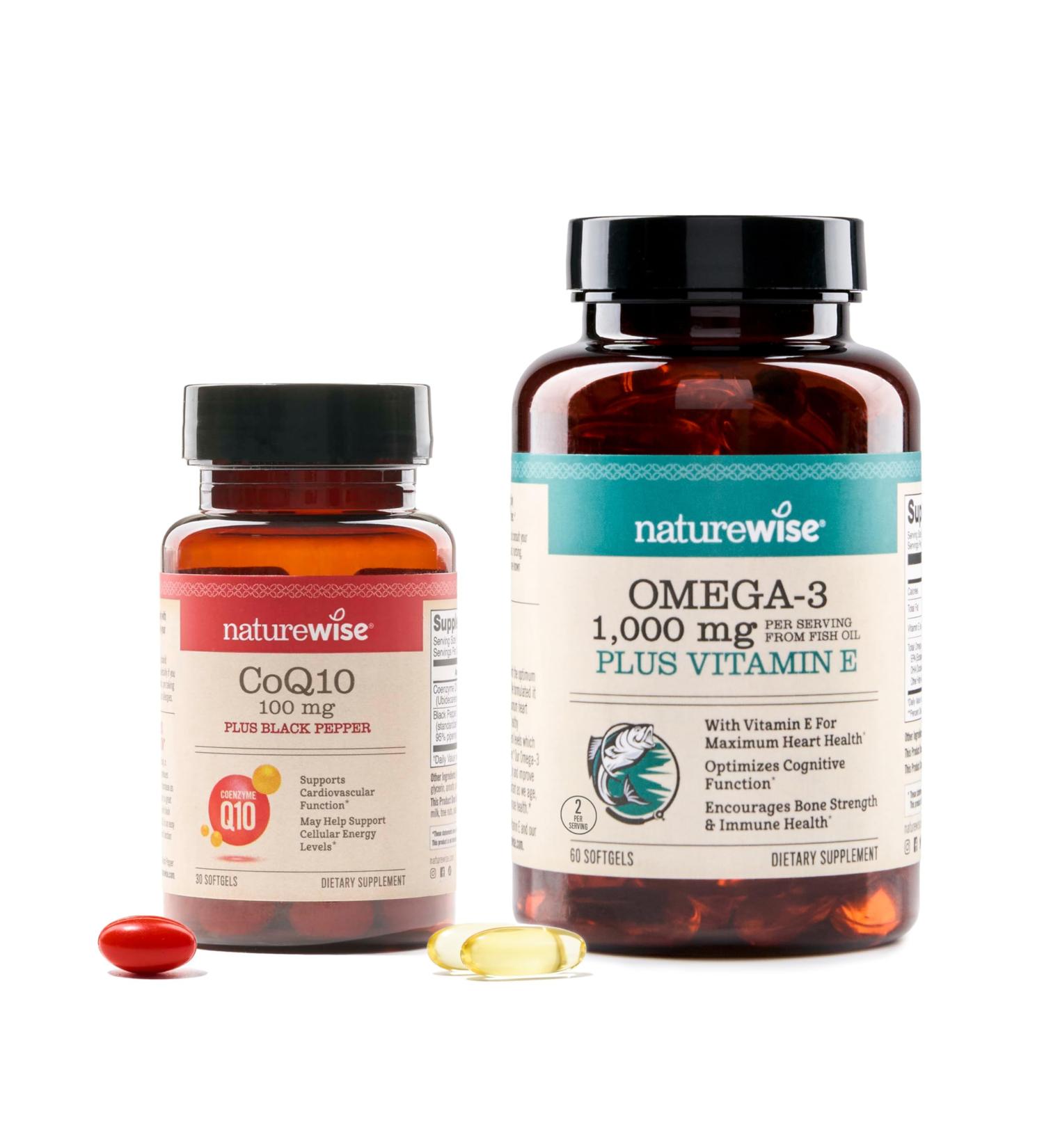 NatureWise 1 CoQ10 100mg + Black Pepper High Absorption - 30 Softgels 30-Day Supply + 1 Omega 3 Fish Oil 1000mg + Vitamin E - Wild-Caught - 60 Softgels 30-Day Supply  - Buy Online on GoSupps.com