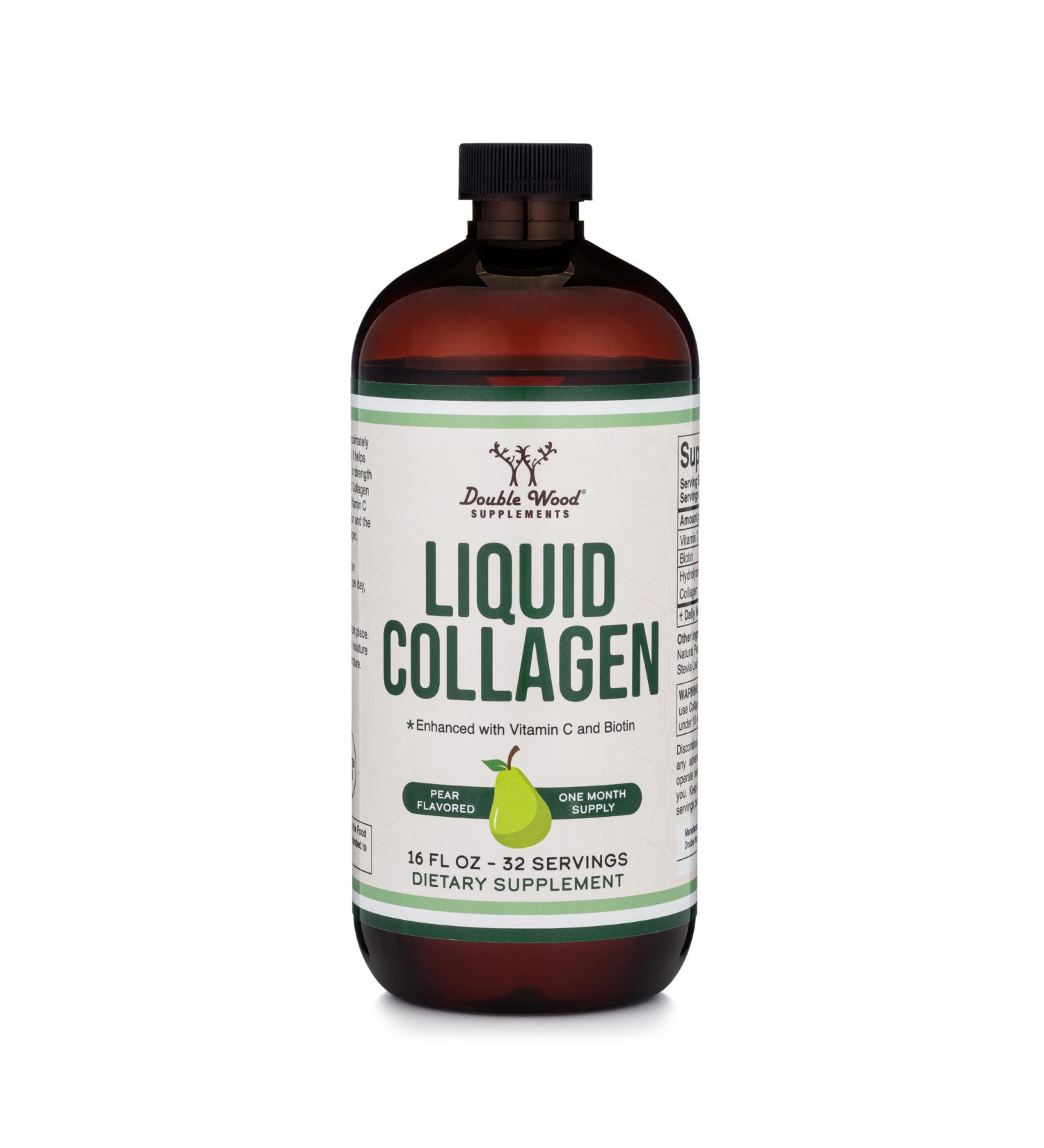 Double Wood Supplements Liquid Collagen - 2500mg of Hydrolyzed Bovine Collagen (Type 1 3 and Grassfed) - 32 Servings - for Women and Men - 30 mcg of Biotin - Sugar Free Pear Flavor Collagen Liquid - Buy Online on GoSupps.com