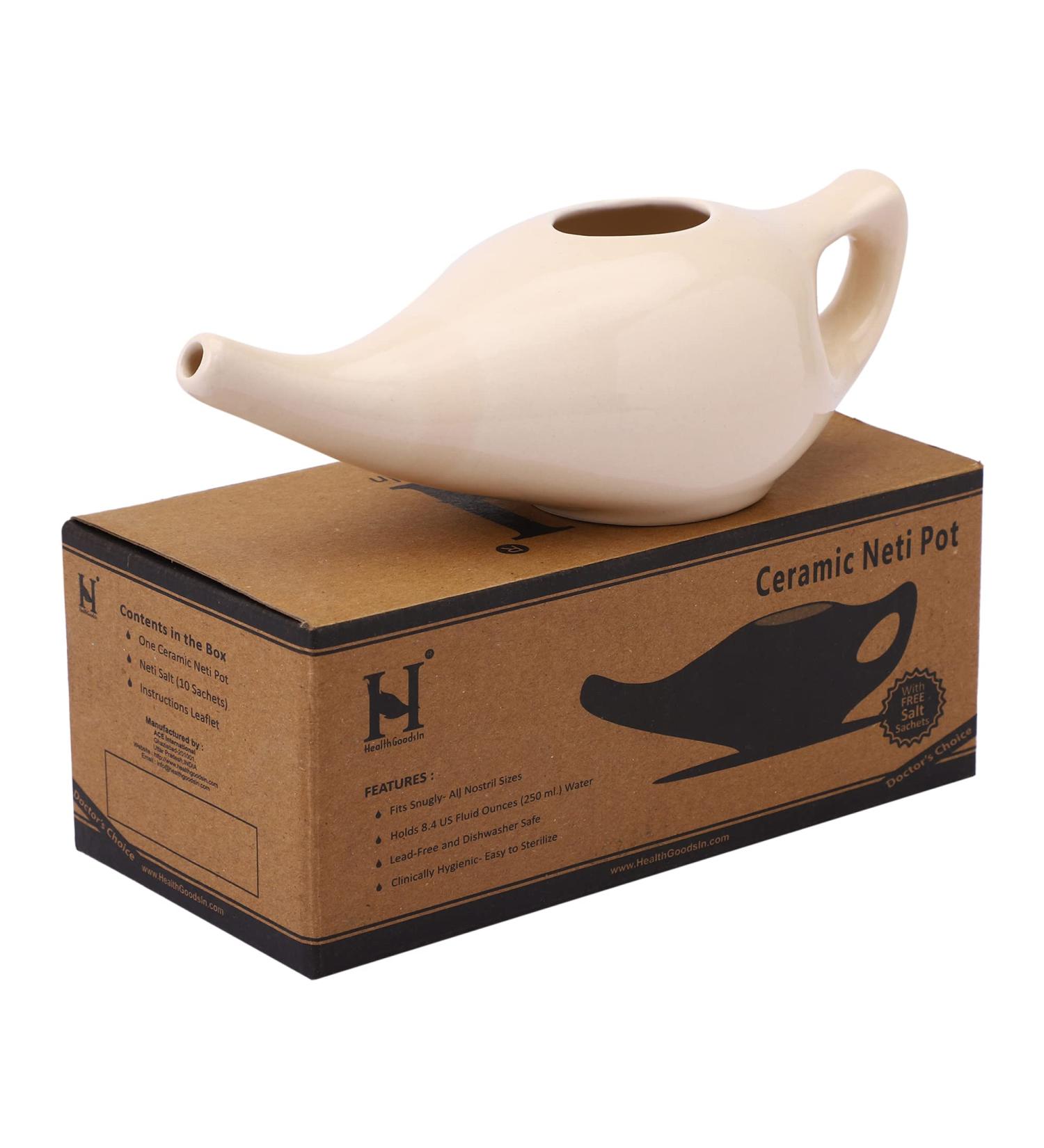 Premium Grade Ceramic Neti Pot for Sinus Relief - Dishwasher Safe - Cream Color - 225 ml Capacity - Buy Online on GoSupps.com