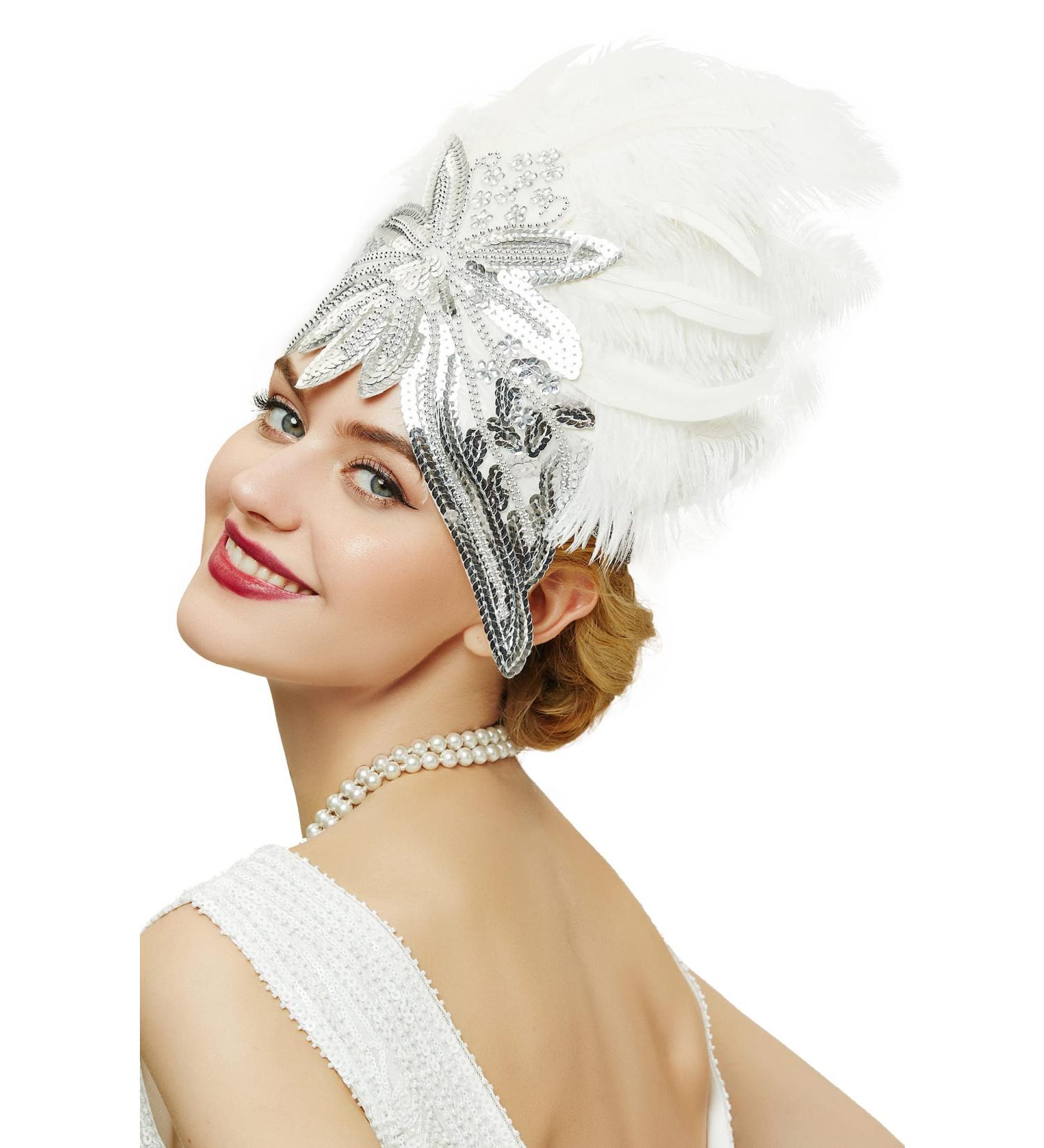 BABEYOND Carnival Feather Headpiece - White 1920s Flapper Showgirl Headband - Buy Online on GoSupps.com