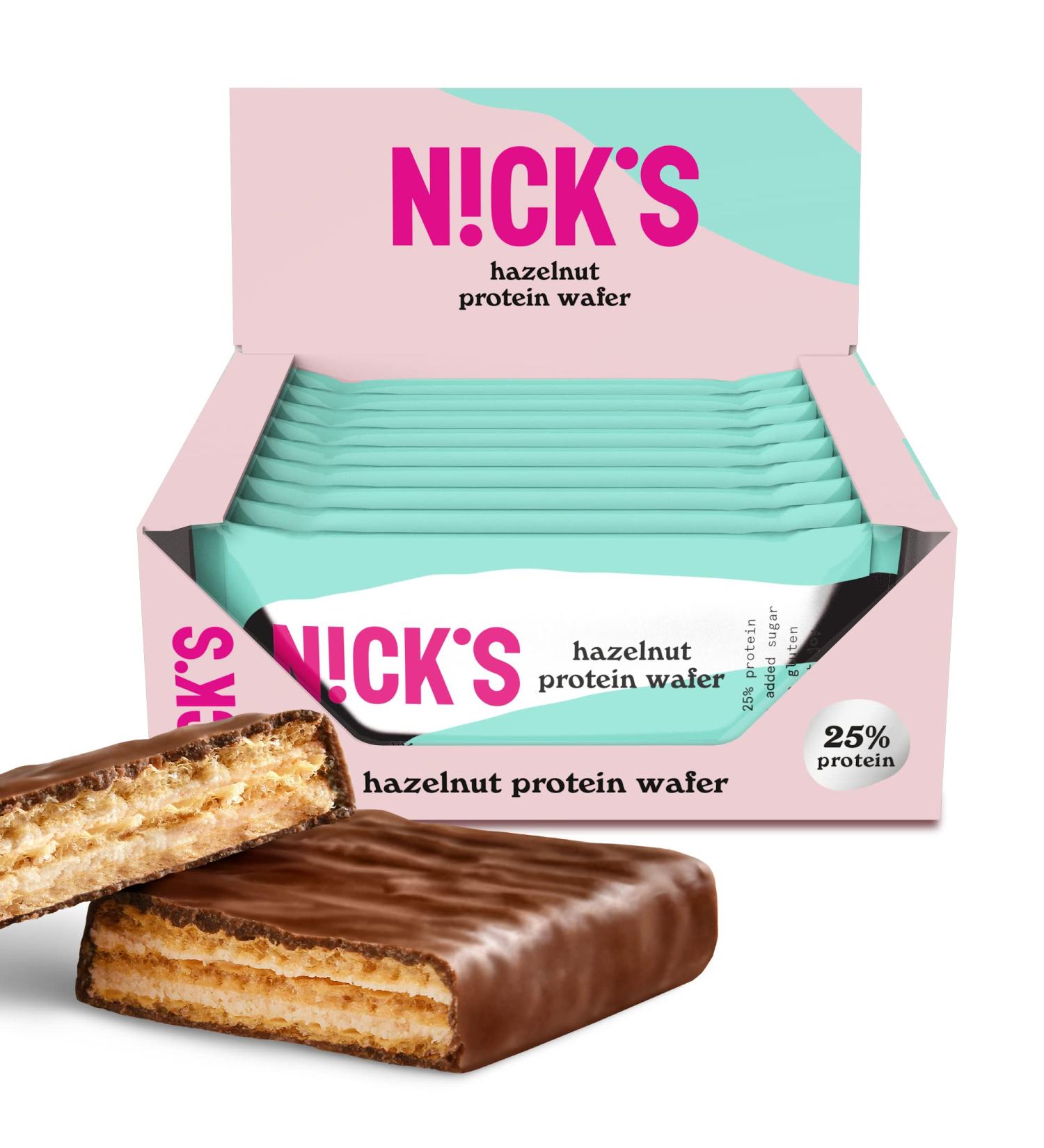 Nicks Protein Wafer Bar Hazelnut - Low Carb 25% Protein 203 Calories - Gluten-Free Chocolate Snack (9 Pack x 40g) - No Added Sugar - Buy Online on GoSupps.com