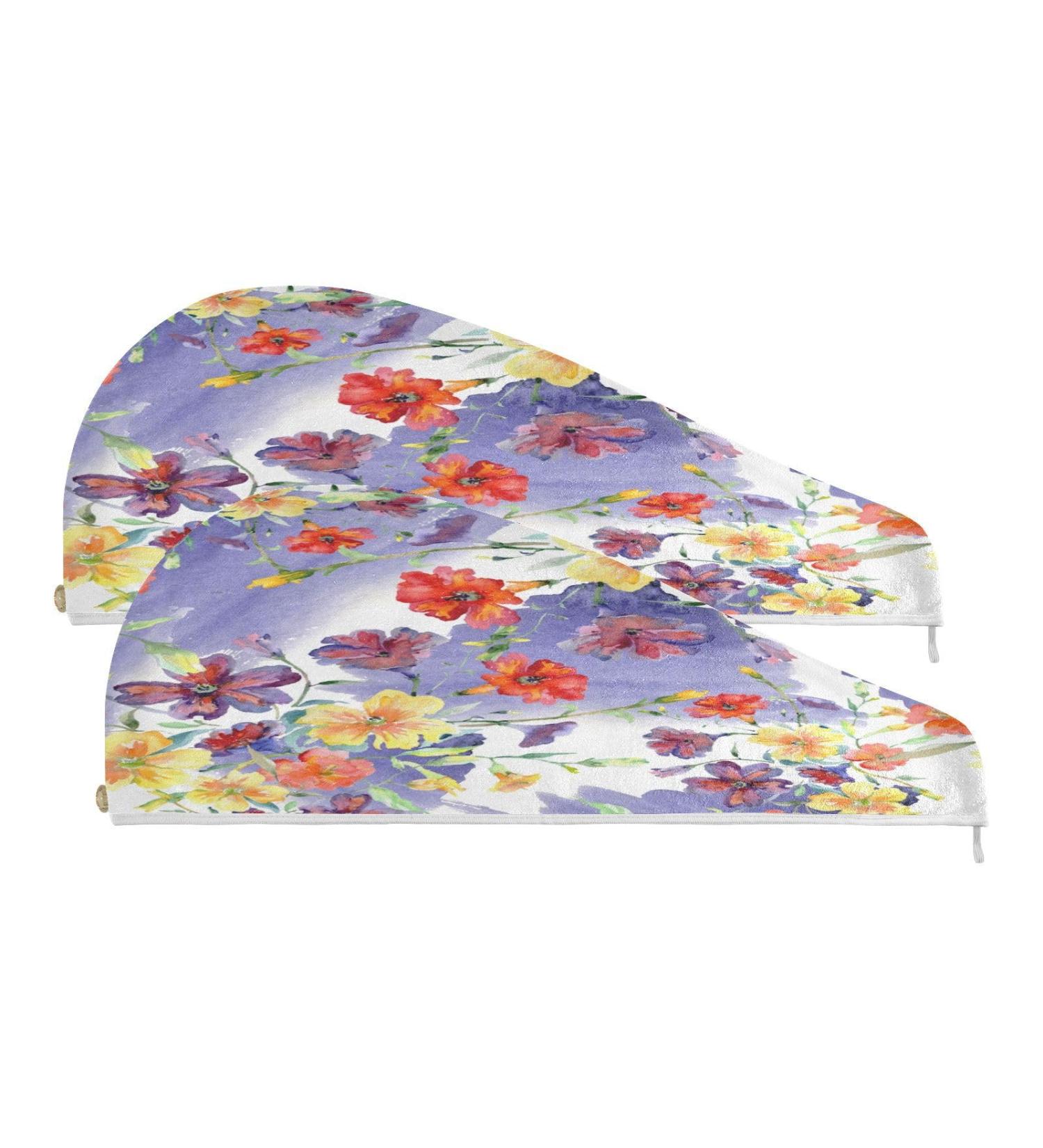 Watercolor Flowers Dry Hair Cap | Quick Drying Towel Set with Button Headband - Super Absorbent & Comfortable - Buy Online on GoSupps.com