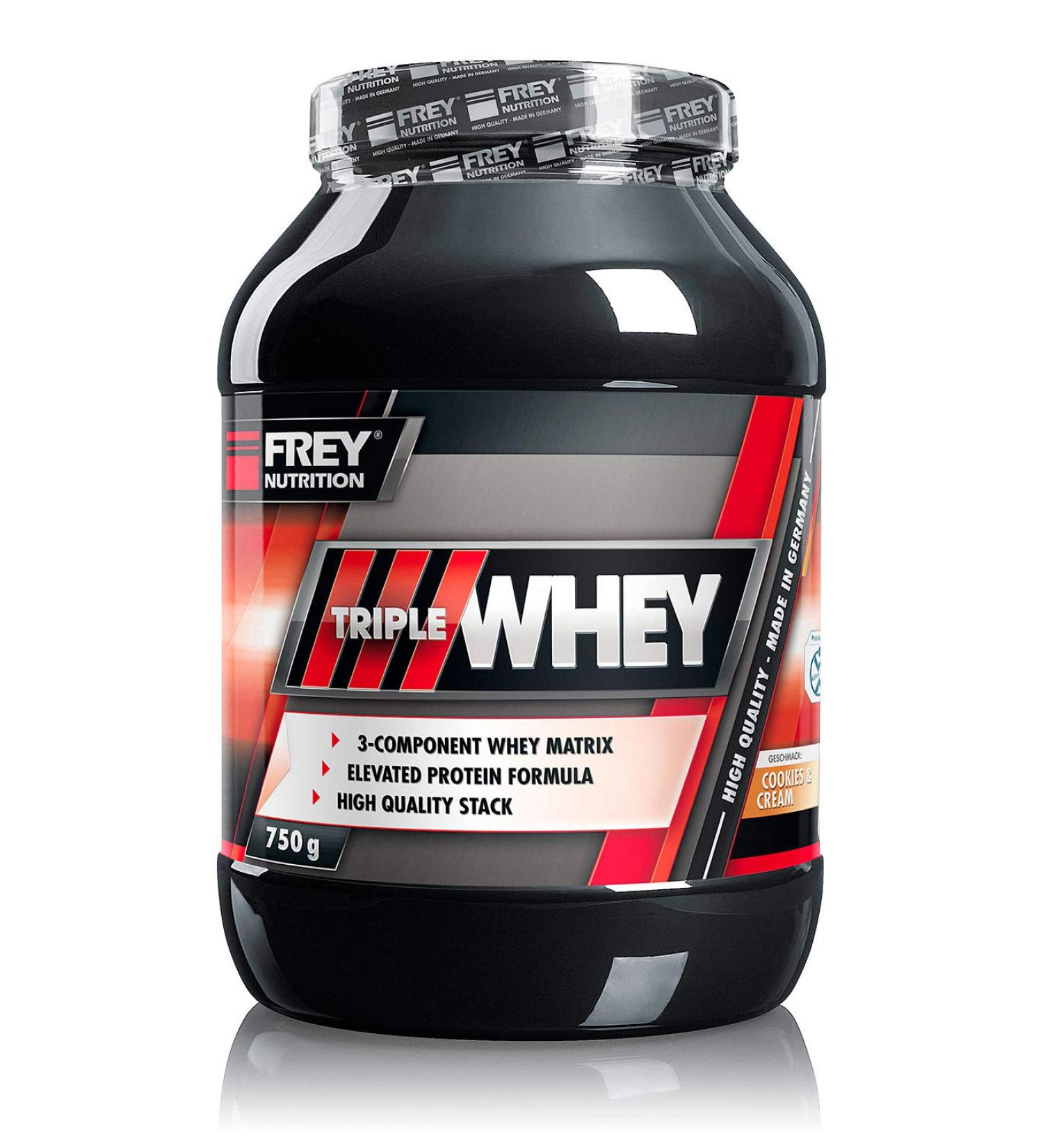 FREY Nutrition TRIPLE WHEY 750g - Cookies & Cream | High 30% Isolate & BCAA Content - Premium Protein Supplement for International Shipping - Buy Online on GoSupps.com