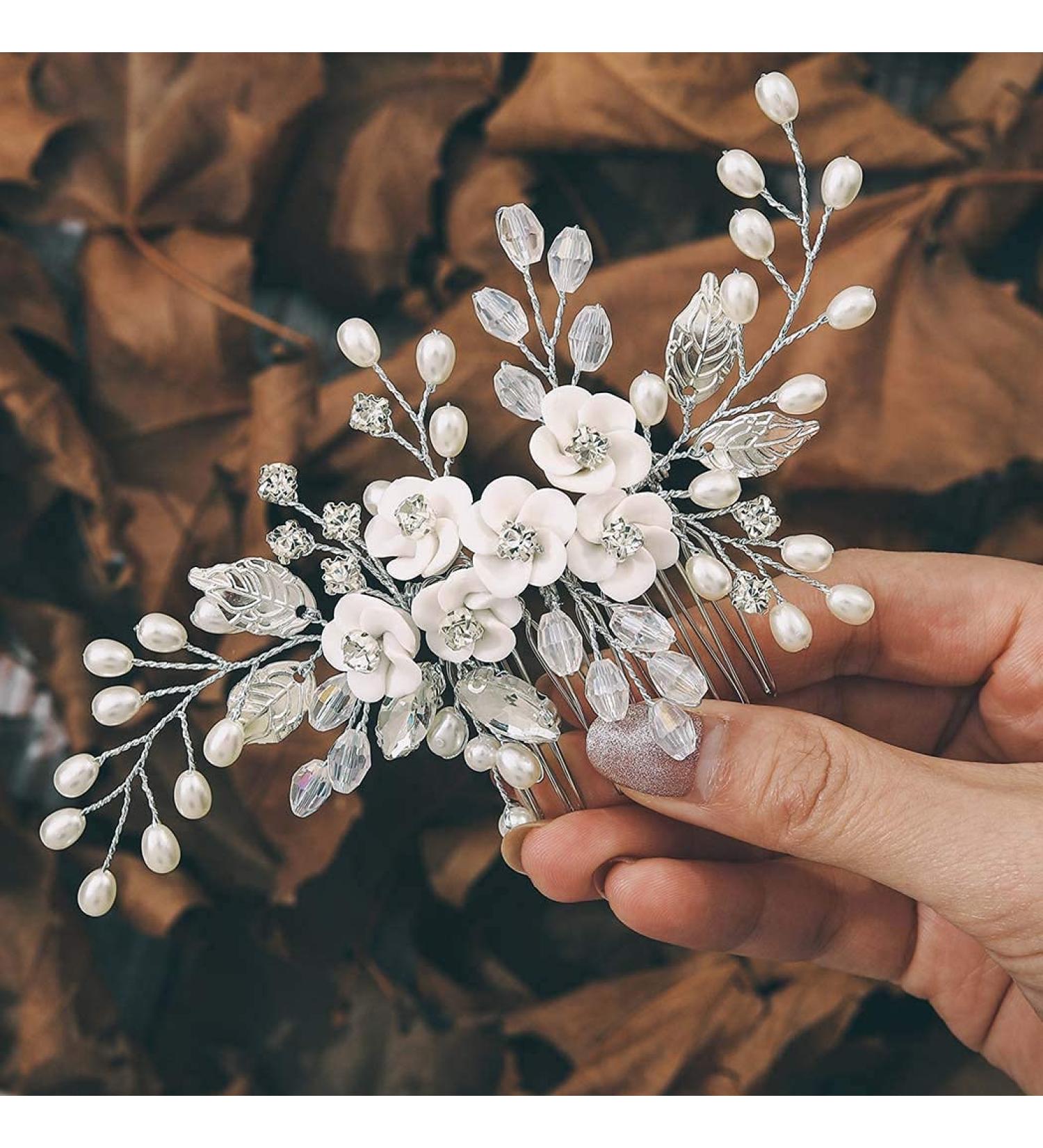 Unicra Flower Bride Wedding Hair Comb - Silver Leaf Bridal Headpiece with Pearl and Crystal Accents for Women and Girls - Buy Online on GoSupps.com