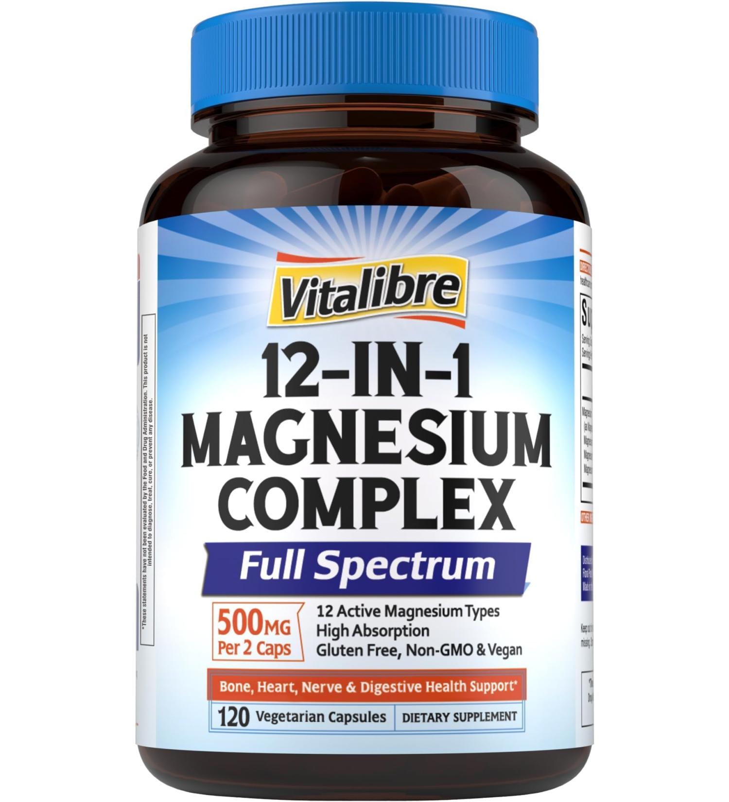 12 in 1 Magnesium Complex Supplement 500mg | Max Absorption Chelated Magnesium Glycinate Citrate Malate & More for Bone, Nerve & Digestive Support | Non-GMO Vegan Capsules (120 Count) 120 Count (Pack of 1) - Buy Online on GoSupps.com