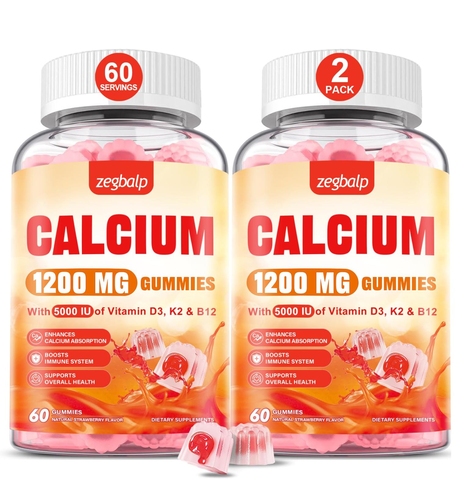 Calcium 1200 mg with Vitamin D3 Supplement for Adults - Calcium Gummies with Vitamin D3 5000IU, K2, B12 for Women Men - Extra Absorption Calcium Citrate - Natural Strawberry Flavor, 120 Gummies Strawberry 60 Count (Pack of 2) - Buy Online on GoSupps.com