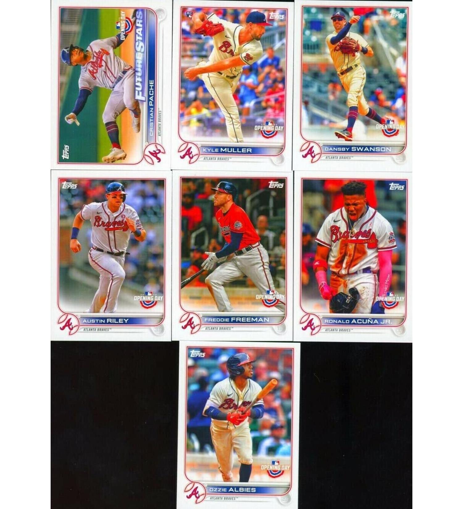Atlanta Braves 2022 Topps Opening Day Series 7 Card Team Set including Ozzie Albies and Ronald Acuna Jr PLUS