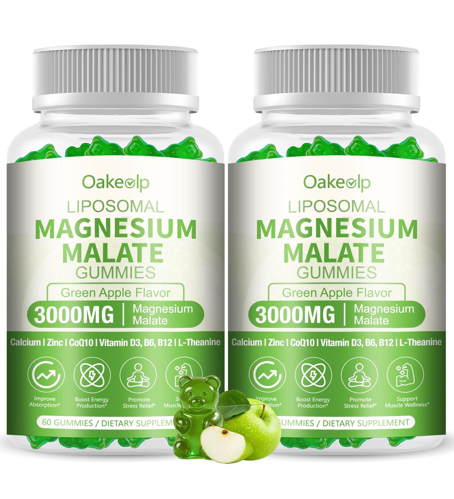 2 Pack Liposomal 3000mg Magnesium Malate Gummies Supplement Complex Creatine Monohydrate Folate Active B12 & D3 L-Theanine & CoQ10 for Stress Relief Methylation Energy Muscle & Calm Green Apple 60 Count (Pack of 2) - Buy Online on GoSupps.com
