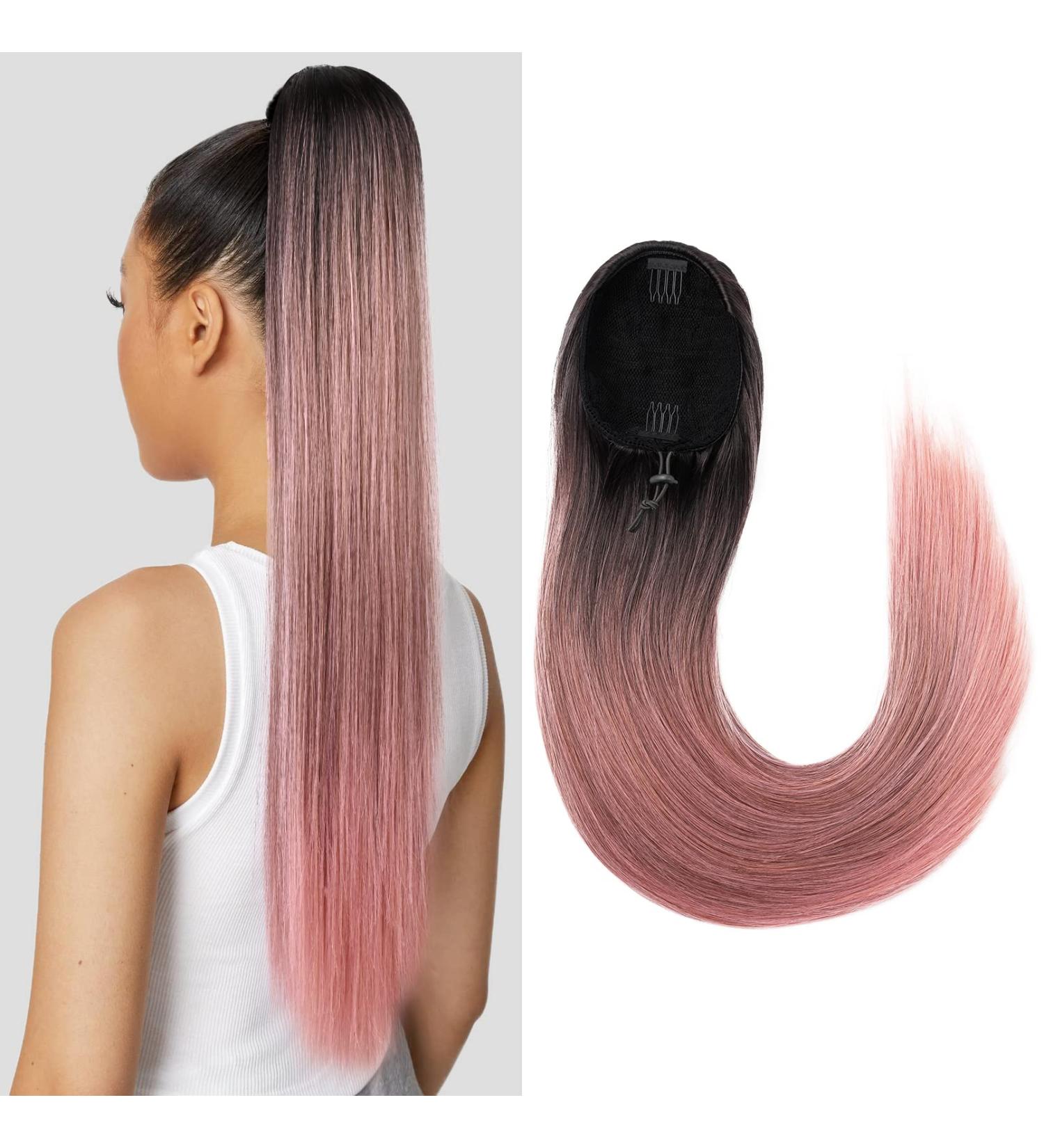 SEIKEA 28 Drawstring Ponytail Extension for Black Women - Long Straight Synthetic Hairpiece - Natural Black/Pink 28 Inch - Buy Online on GoSupps.com