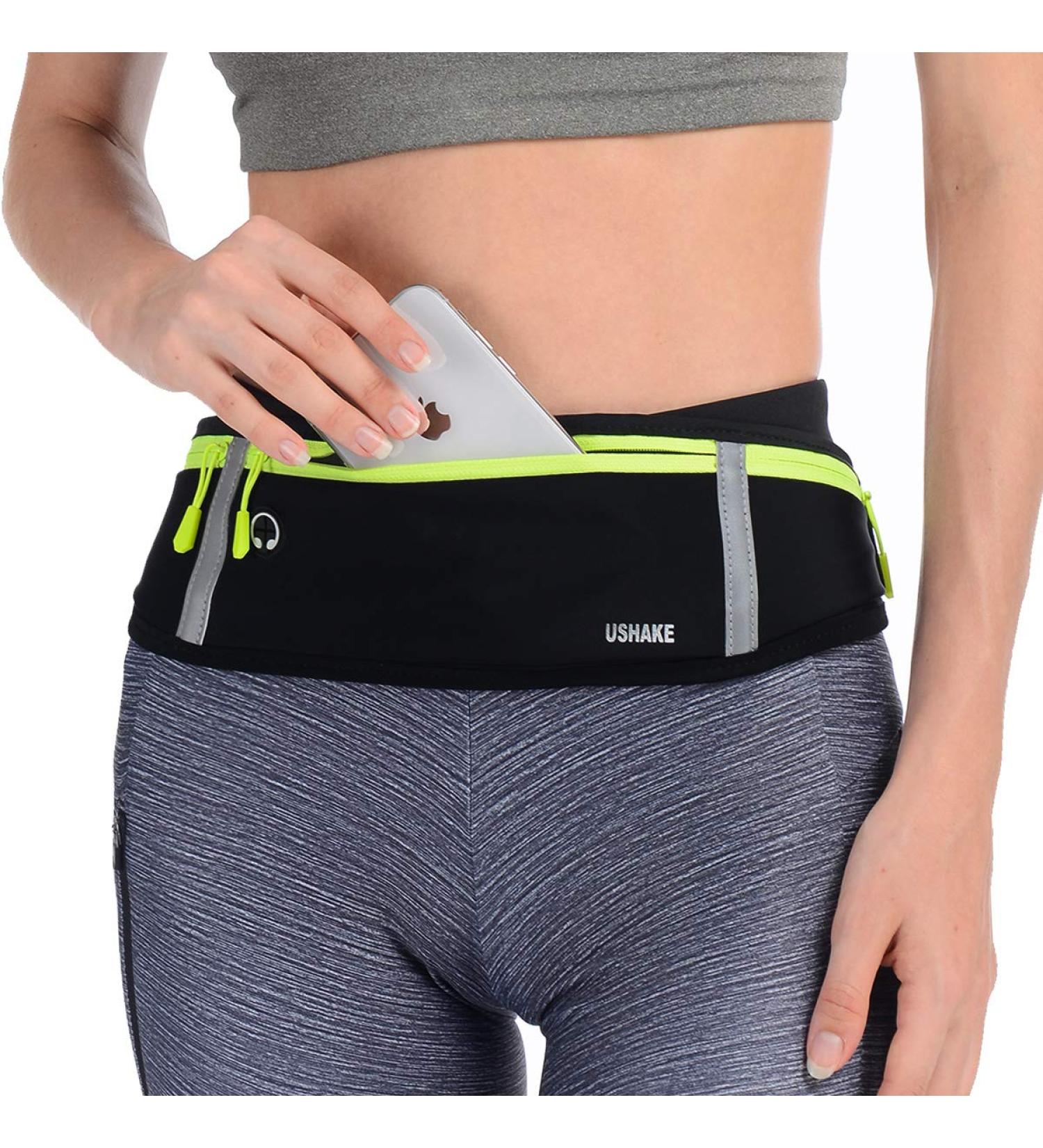 USHAKE Slim Running Belt - Black Waist Pack for Men and Women | iPhone Holder for Running, Walking, Cycling, Gym - 3 Yellow Zippers - Buy Online on GoSupps.com