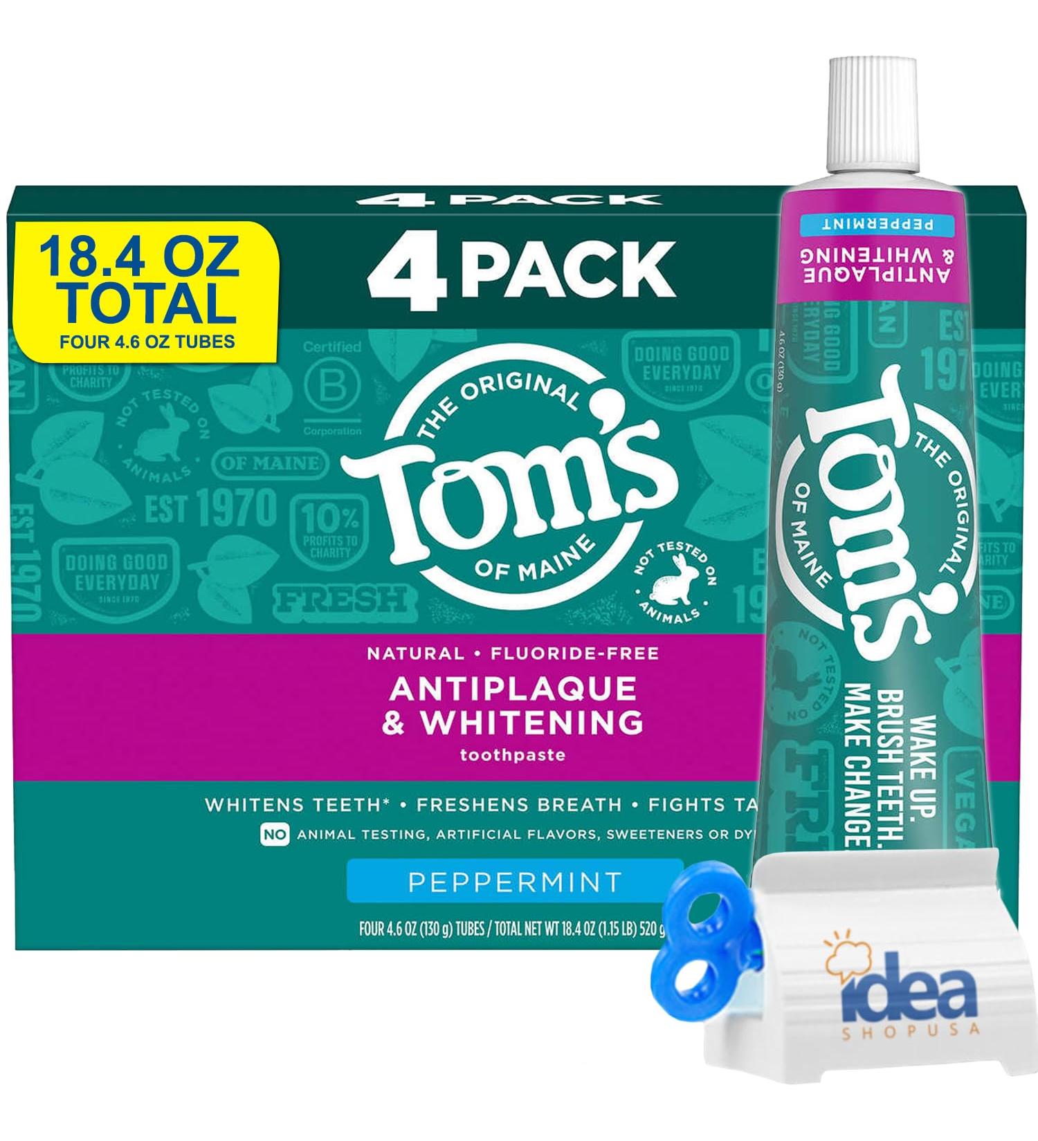 Tom's of Maine Antiplaque & Whitening Toothpaste - Natural Fluoride-Free Peppermint 4-Pack (18.4 oz) - Shop USA - Buy Online on GoSupps.com