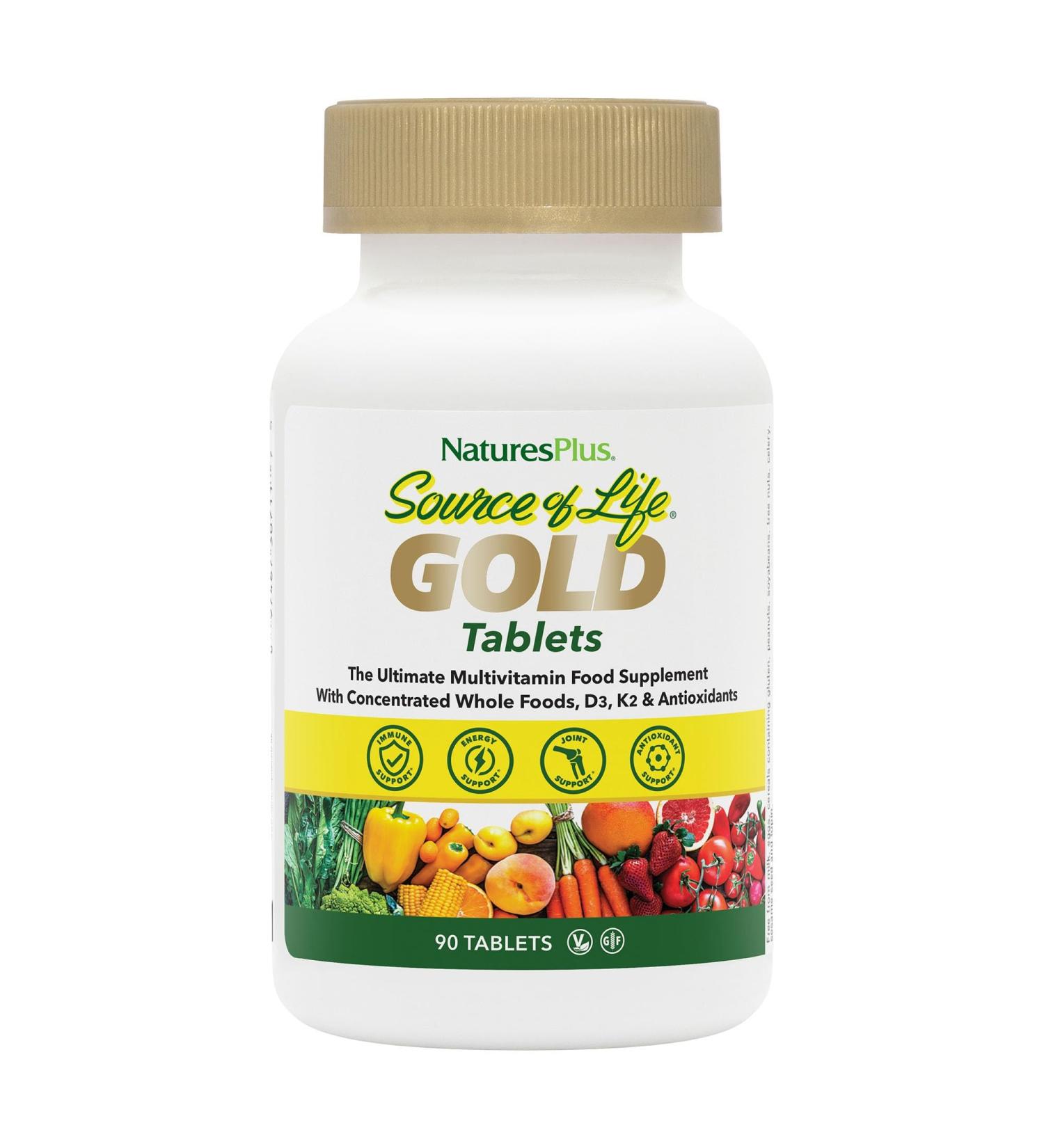 NaturesPlus Source of Life Gold Multivitamin - 90 Tablets - with Vitamins D3 B12 & K2 - Blood Bone & Immune Support - Vegetarian & Gluten Free - 30 Servings 90 Count (Pack of 1) - Buy Online on GoSupps.com