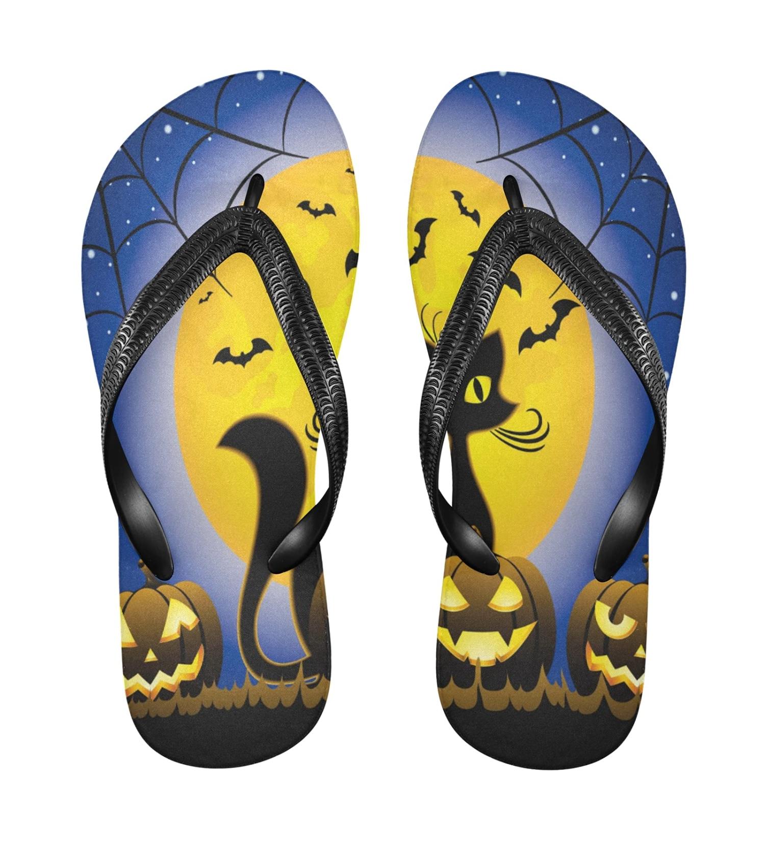 Mnsruu Halloween Cat Pumpkin Moon Slippers | Travel Flip Flops for Men & Women - Hotel Spa Bedroom Comfort - Buy Online on GoSupps.com