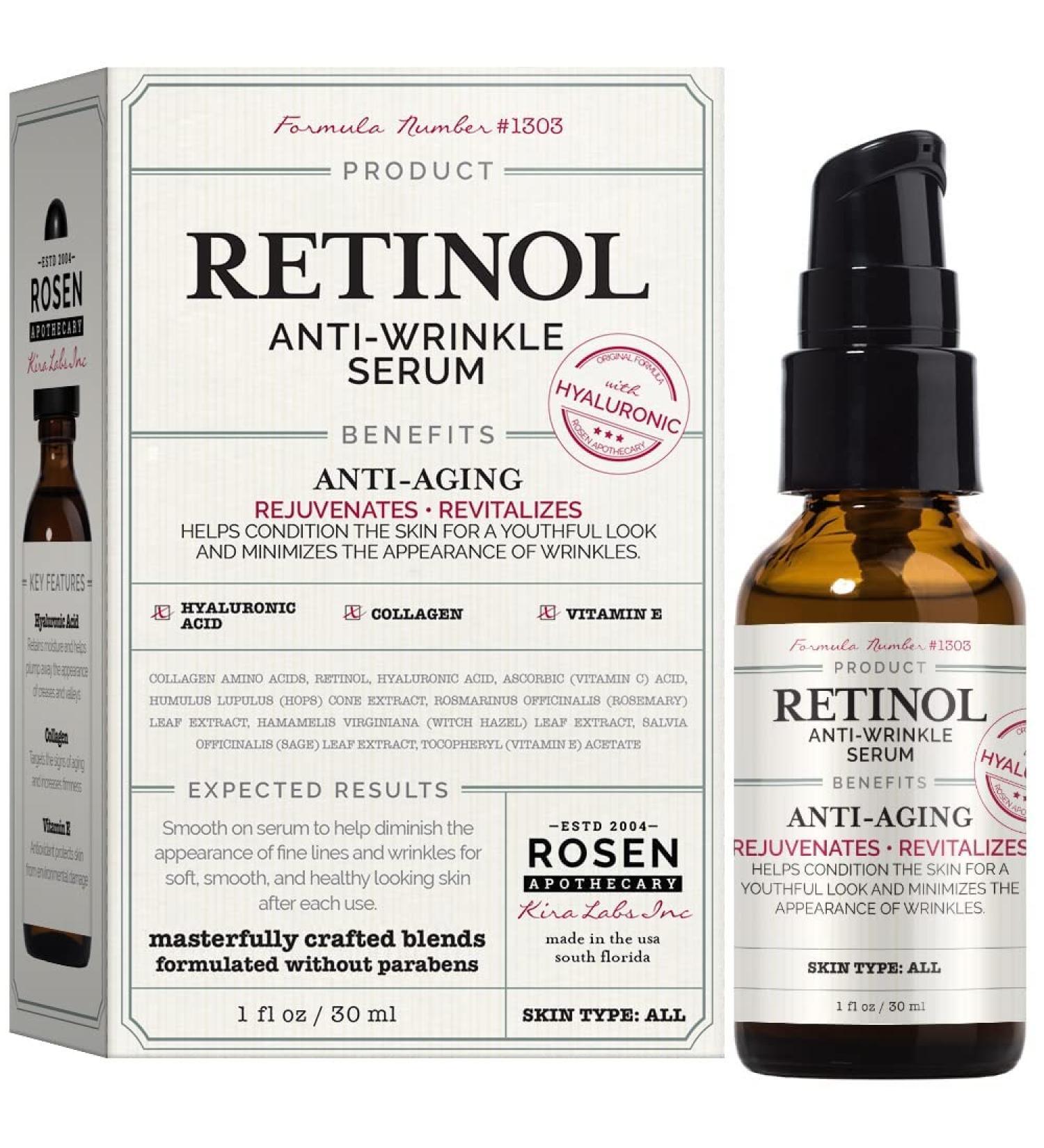 Rosen Apothecary Retinol: Anti-Wrinkle Serum with Hyaluronic 1oz / 30ml - Buy Online on GoSupps.com