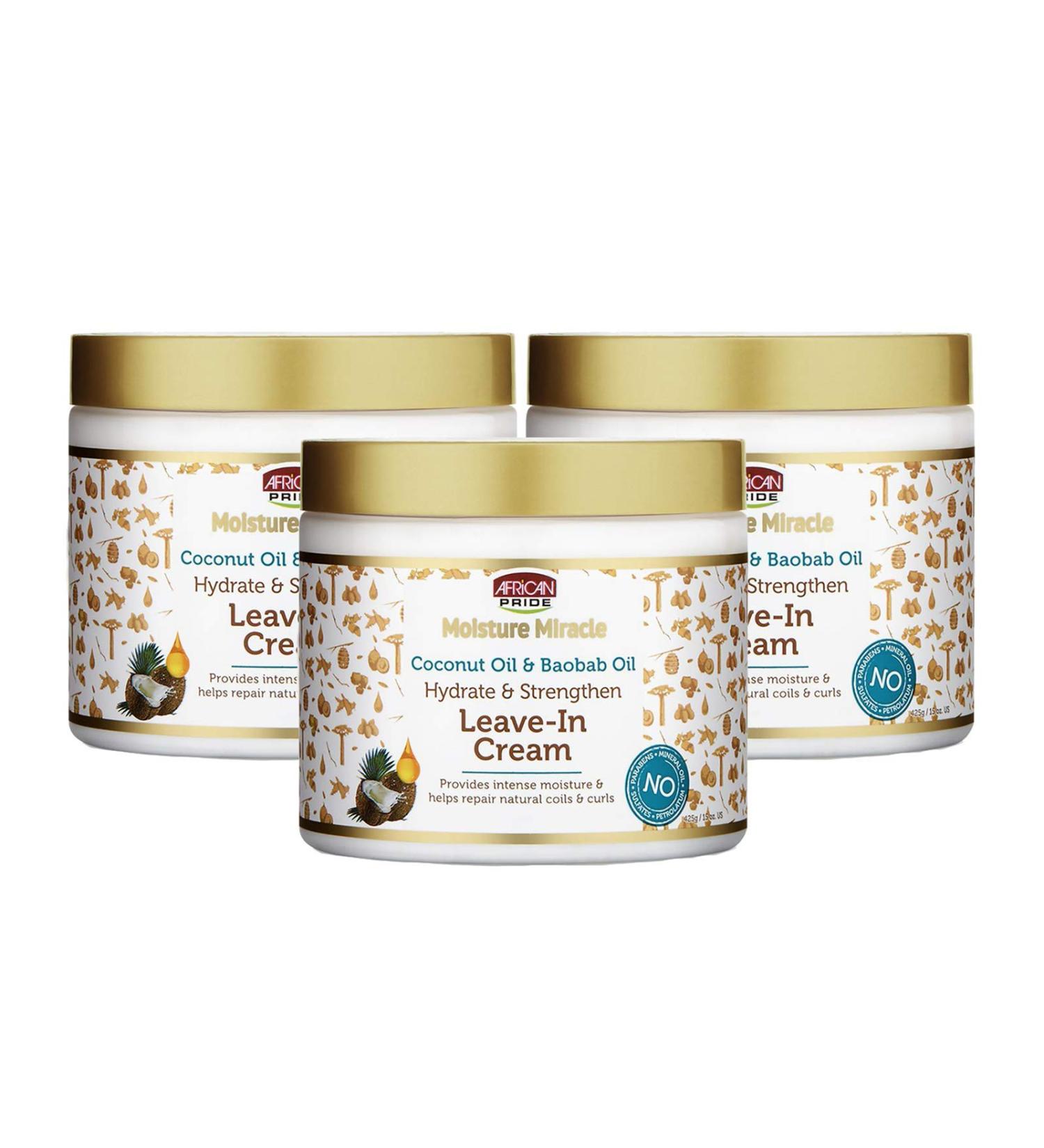 African Pride Moisture Miracle Coconut Oil & Baobab Leave-In Hair Cream - 3 Pack, 15 oz Each | Hydrates, Strengthens, Repairs Natural Coils & Curls - Buy Online on GoSupps.com