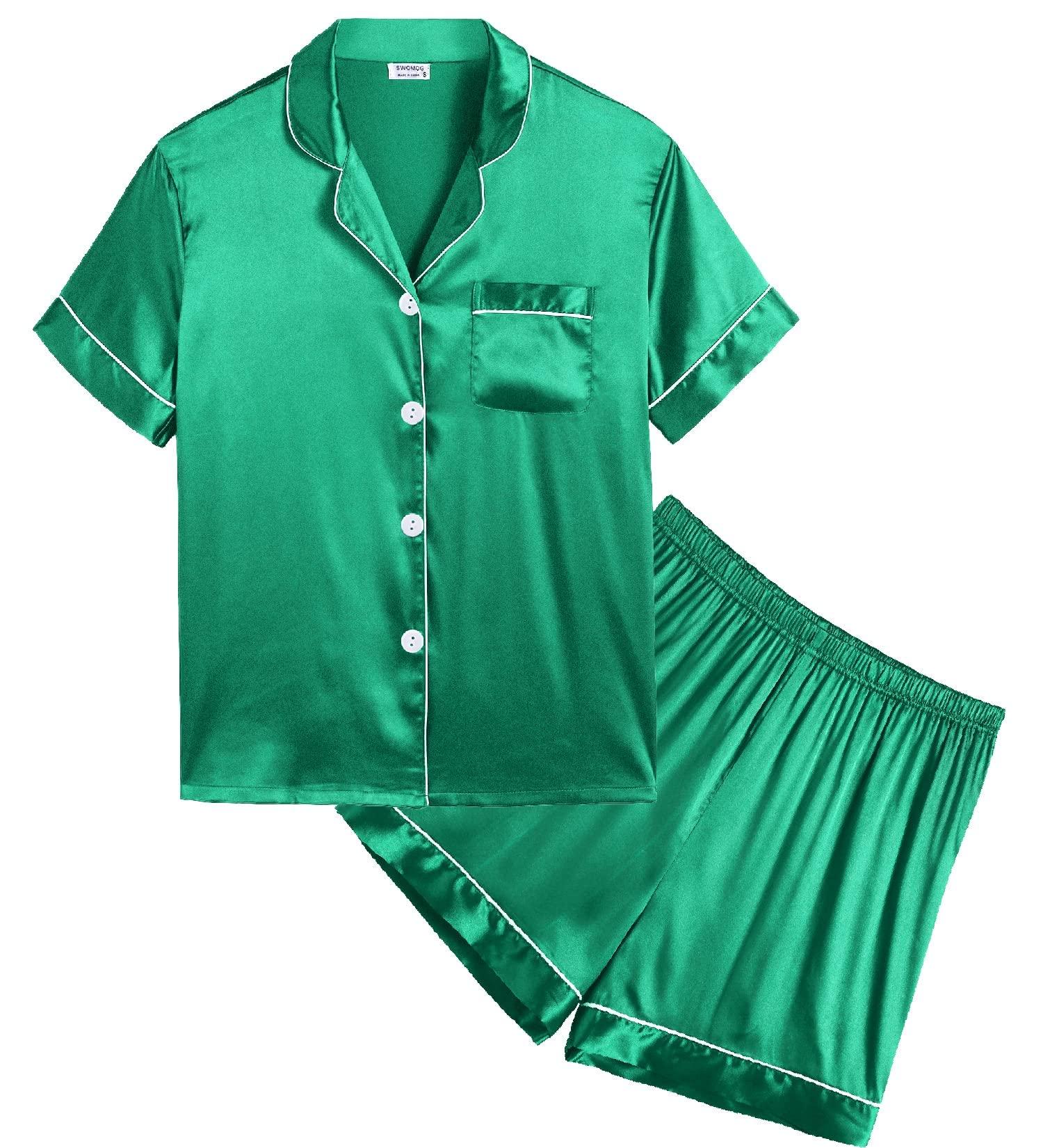 SWOMOG Kids Silk Pyjamas Short Sleeve Satin PJs Set for Boys Girls Emerald Green Ages 10 11