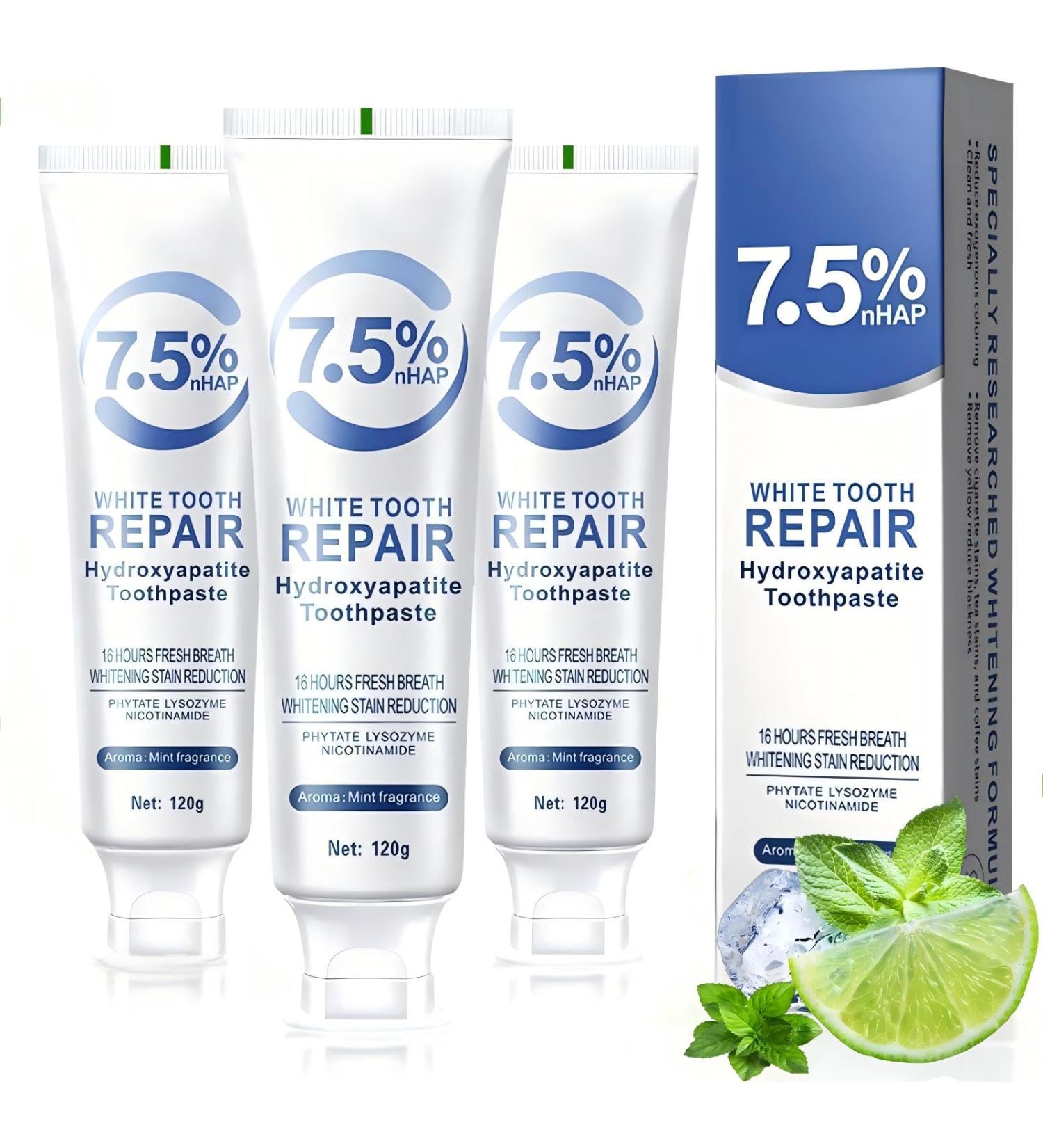 7.5% Hydroxyapatite Toothpastes for Enamel Protection & Tooth Strengthening, 7.5% Hydroxyapatite Toothpaste White Tooth Repair, Fluoride-Free Formula with Gentle Mint, Fresh Breath (3) - Buy Online on GoSupps.com