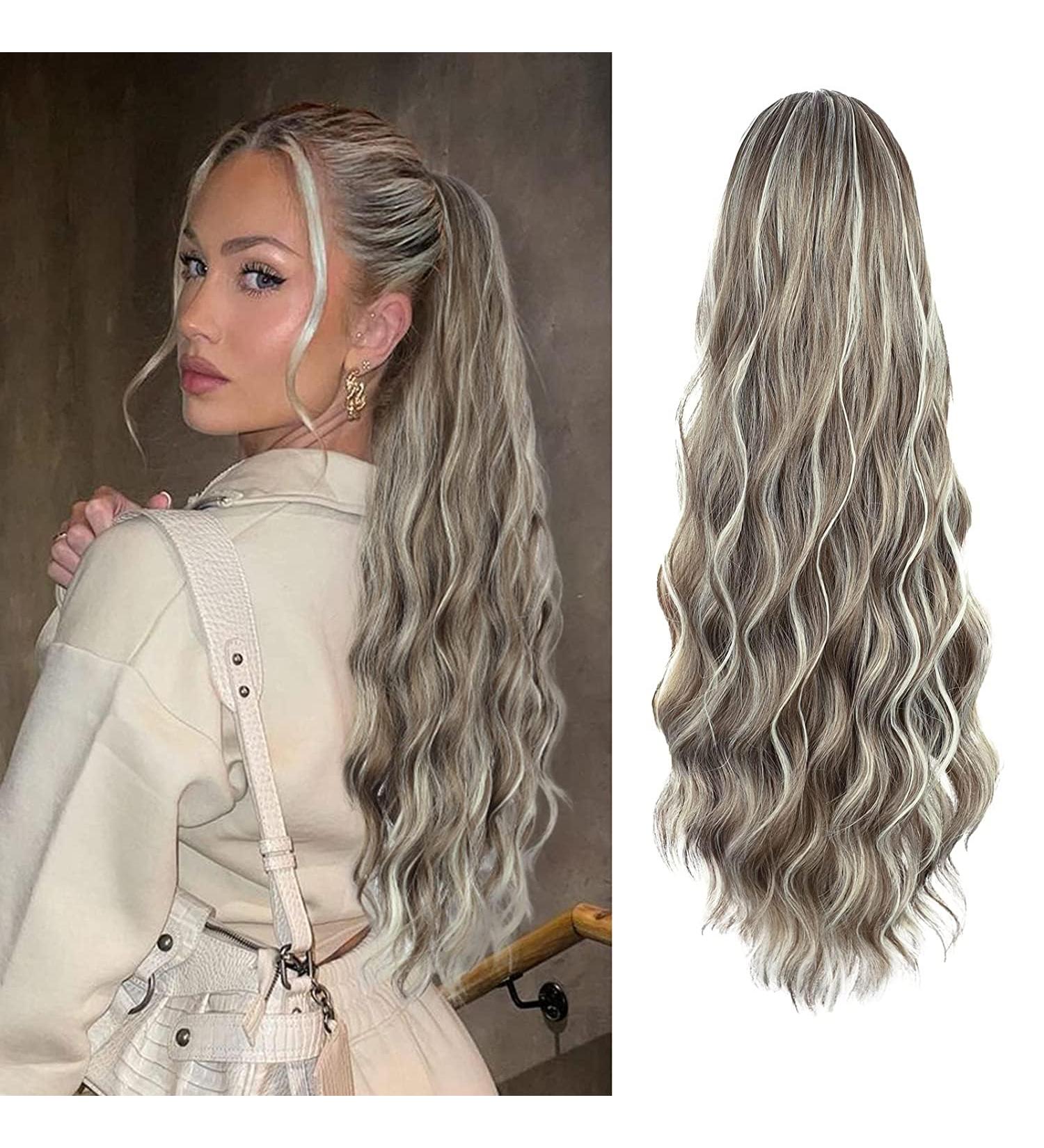 YEESHEDO Long Wavy Drawstring Ponytail Extension 26 Ash Blonde with Platinum Highlights - Buy Online on GoSupps.com