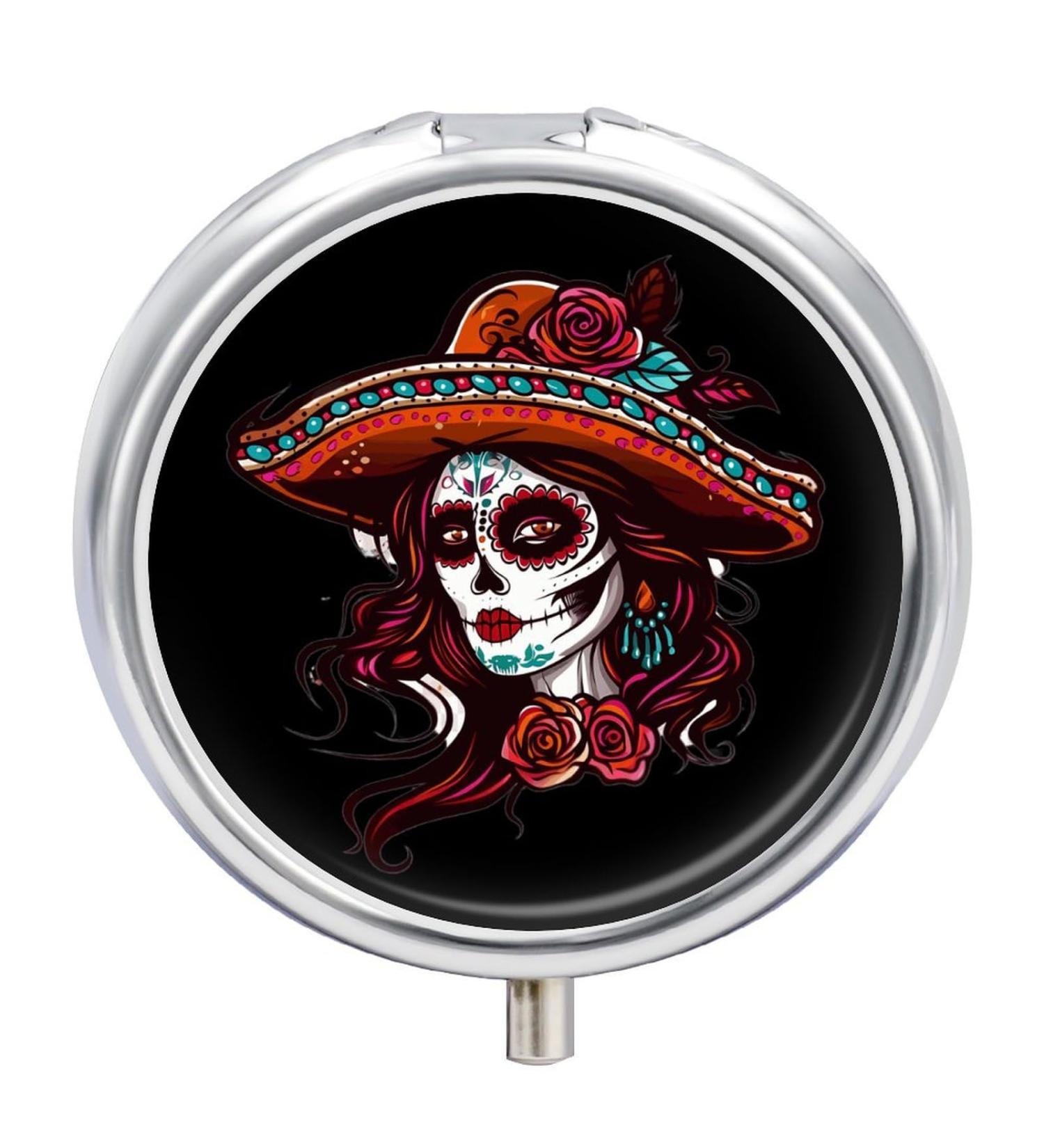 Day of The Dead Skull Women Pill Box | 3 Compartment Medicine Organizer | Unique Gift for Her - Buy Online on GoSupps.com