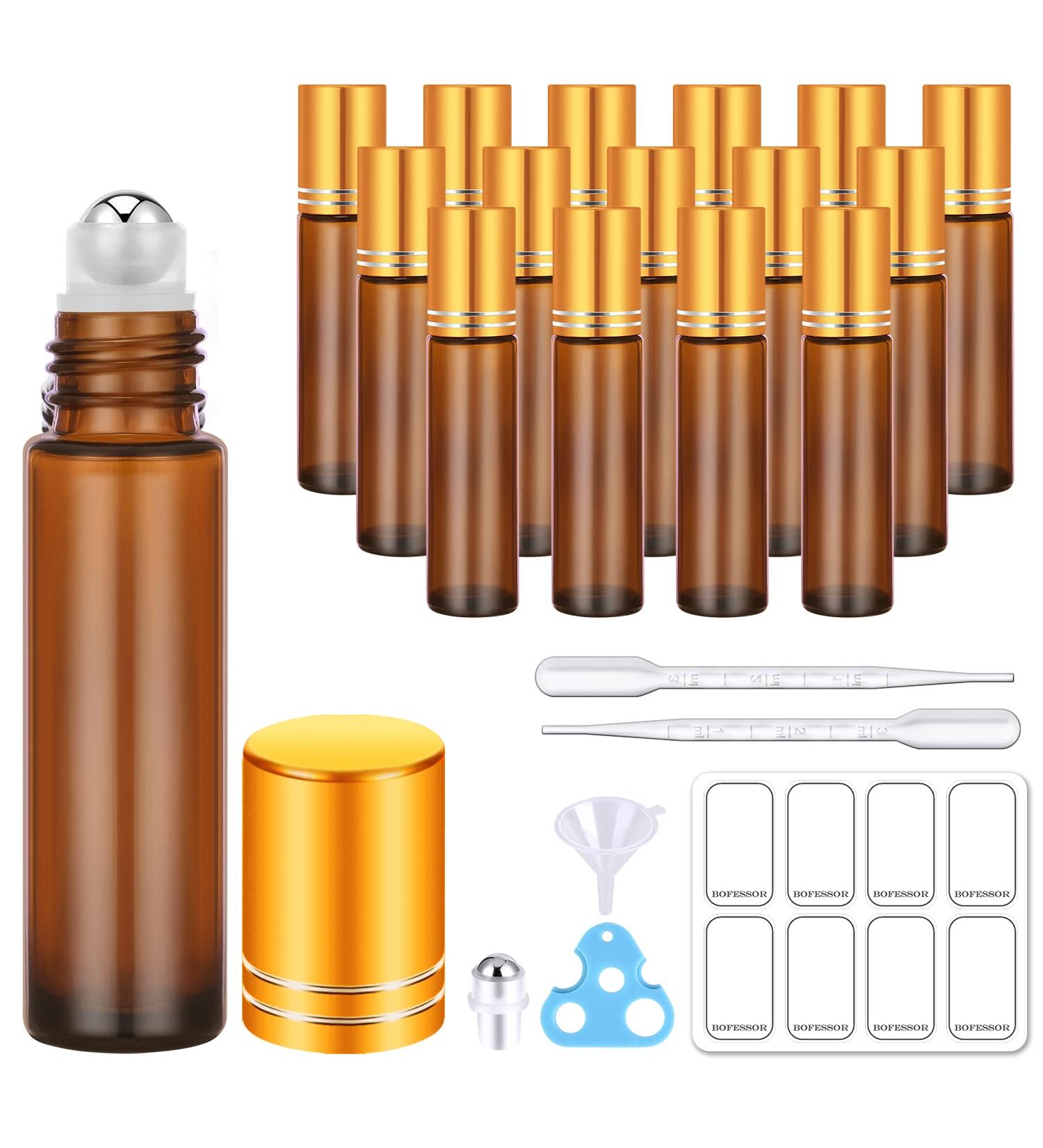 Bofessor 10ml Amber Glass Roller Bottles - Set of 16 with Stainless Steel Roller Ball, Pipettes, Plastic Funnel & Stickers - Refillable Container for Perfume - Buy Online on GoSupps.com