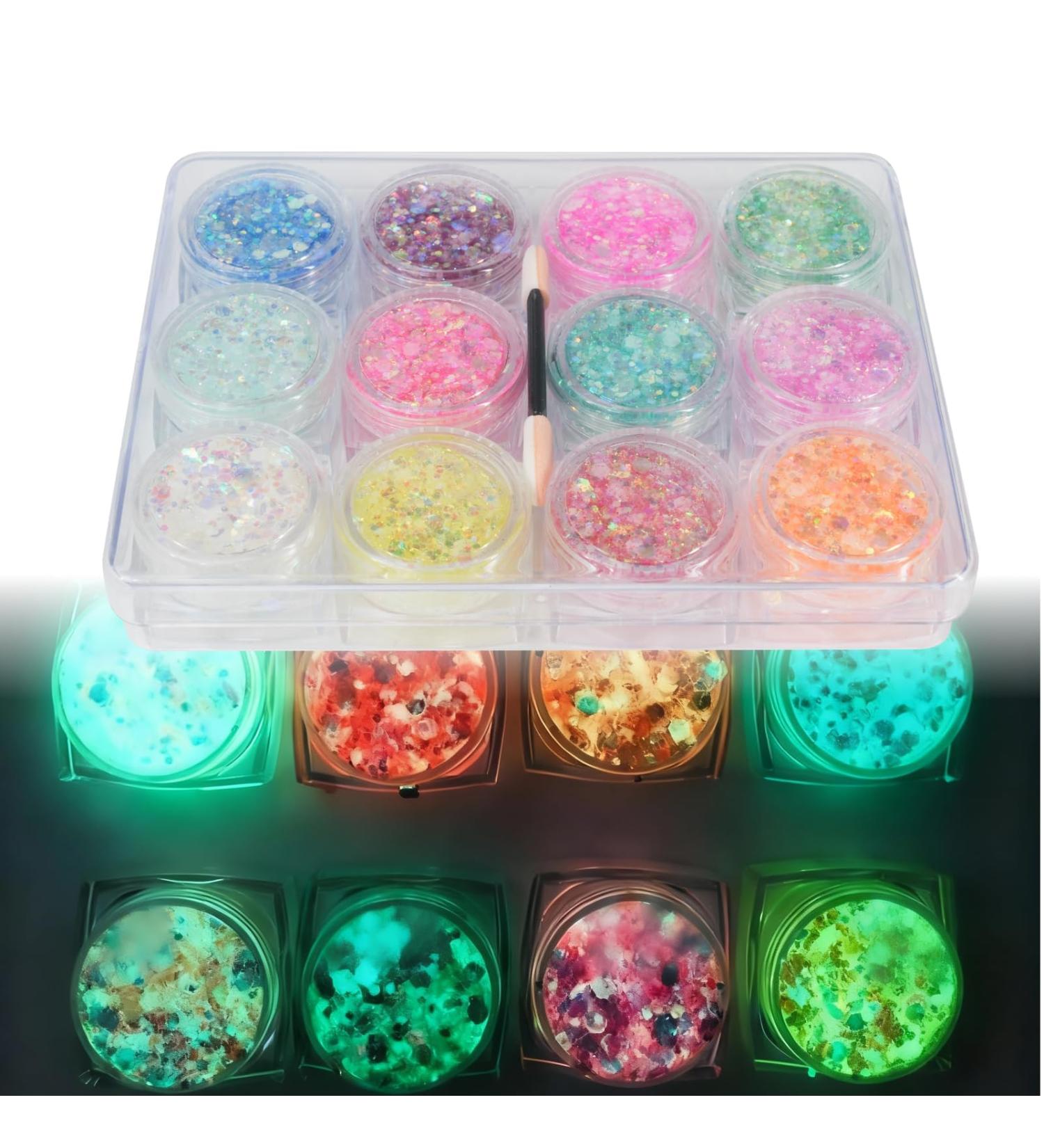  AYHYHLJZJ 12 Luminous Glitter Gel Colors Fluorescent Colors for Neon Makeup Safe and Easy to Apply Face Glitter Gel Luminescent Effect - Buy Online on GoSupps.com