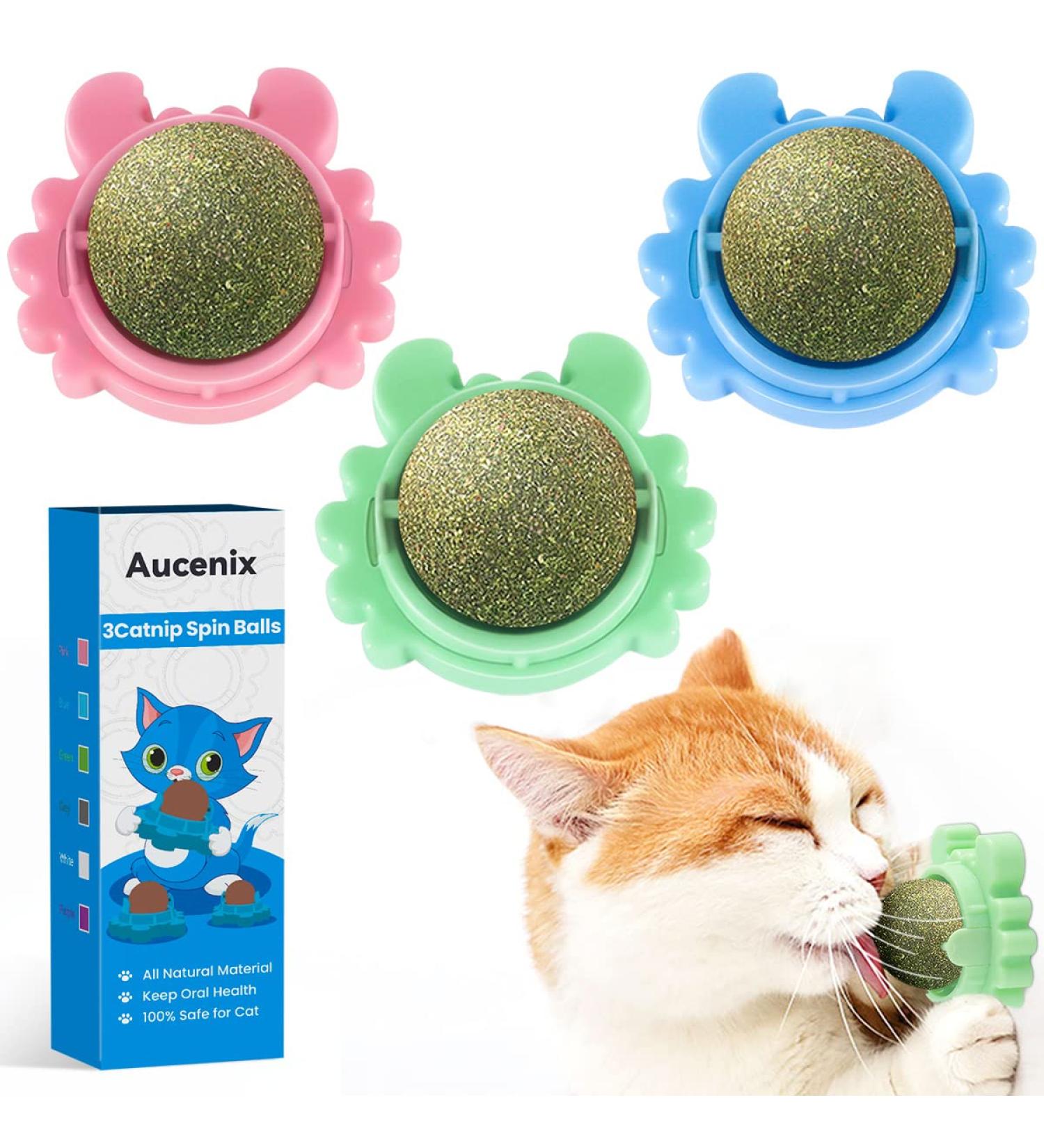 AUCENIX 3-Piece Catnip Balls Toy Set | Dental Chew & Cat Mint Wall Rollers | Edible Kitten Toys in Green Blue & Pink - Buy Online on GoSupps.com