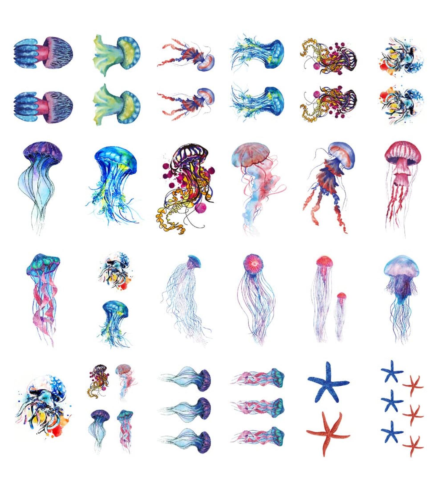 SanerLian Jellyfish Octopus Temporary Tattoo Sticker Set of 24 (SF195) - Waterproof Ocean Watercolor Body Art 10.5X6cm - Buy Online on GoSupps.com