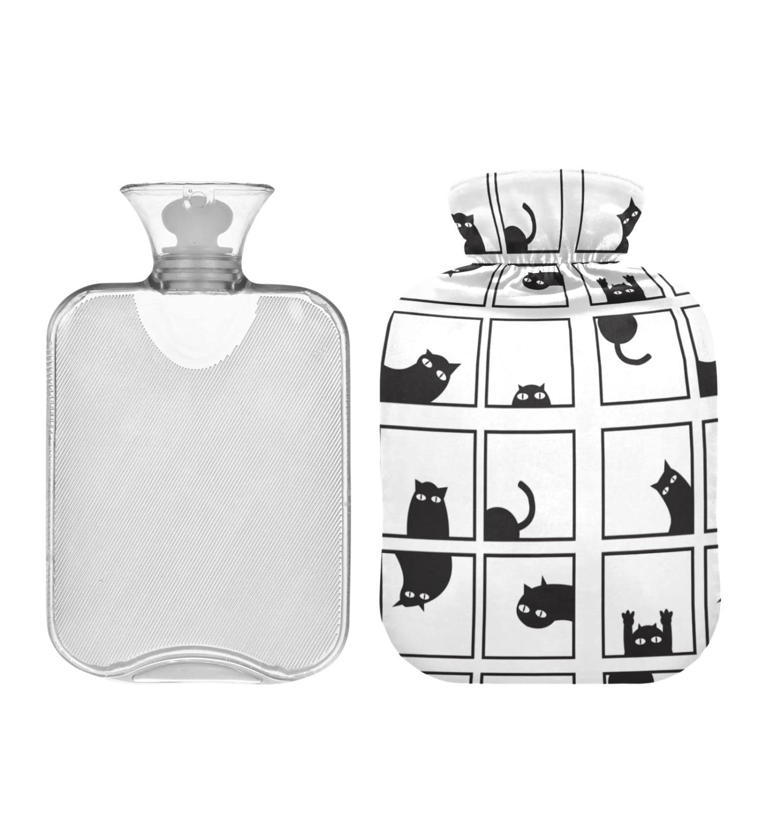 Hot Water Bottle 2L with Black Cat Pattern Cover - Pain Relief & Winter Hand Feet Warmer - Buy Online on GoSupps.com