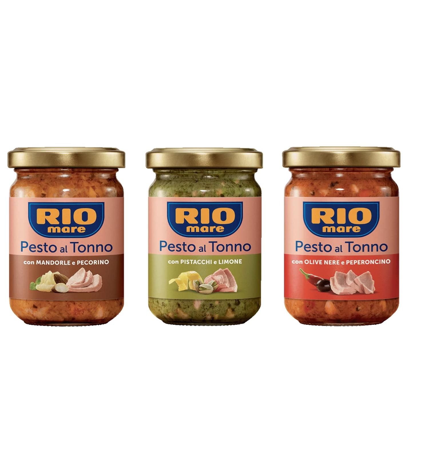 Rio Mare Pesto al Tonno Pesto de thon avec amandes et pecorino avec pistaches et citron avec olives noires et piment (3 x 130 g)
