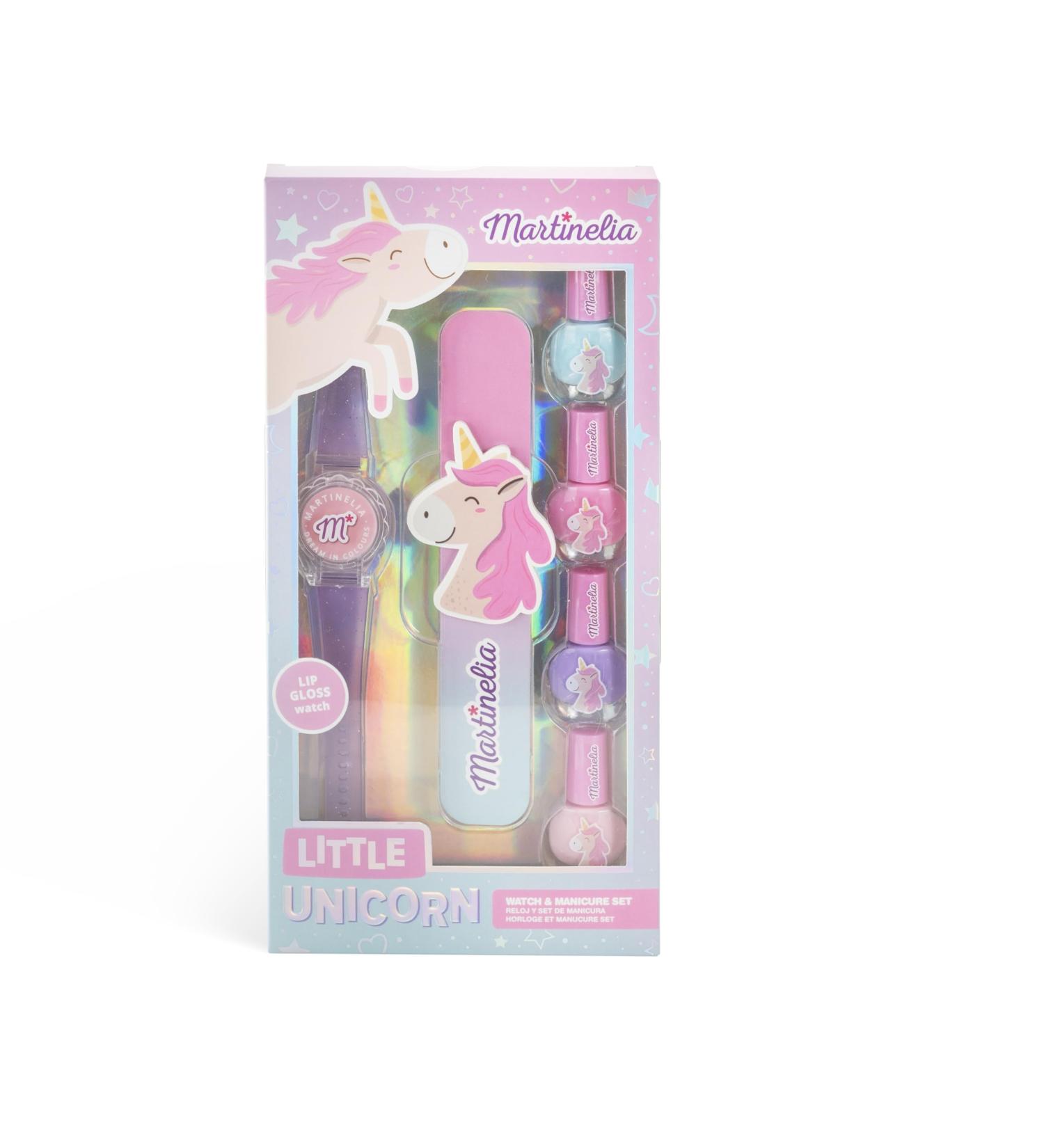 Martinelia Children's Manicure Kit Nail File + Watch with Unicorn Gloss Pastel Nail Polish Set for Girls Unicorn Watch with Lip Gloss Water Polish