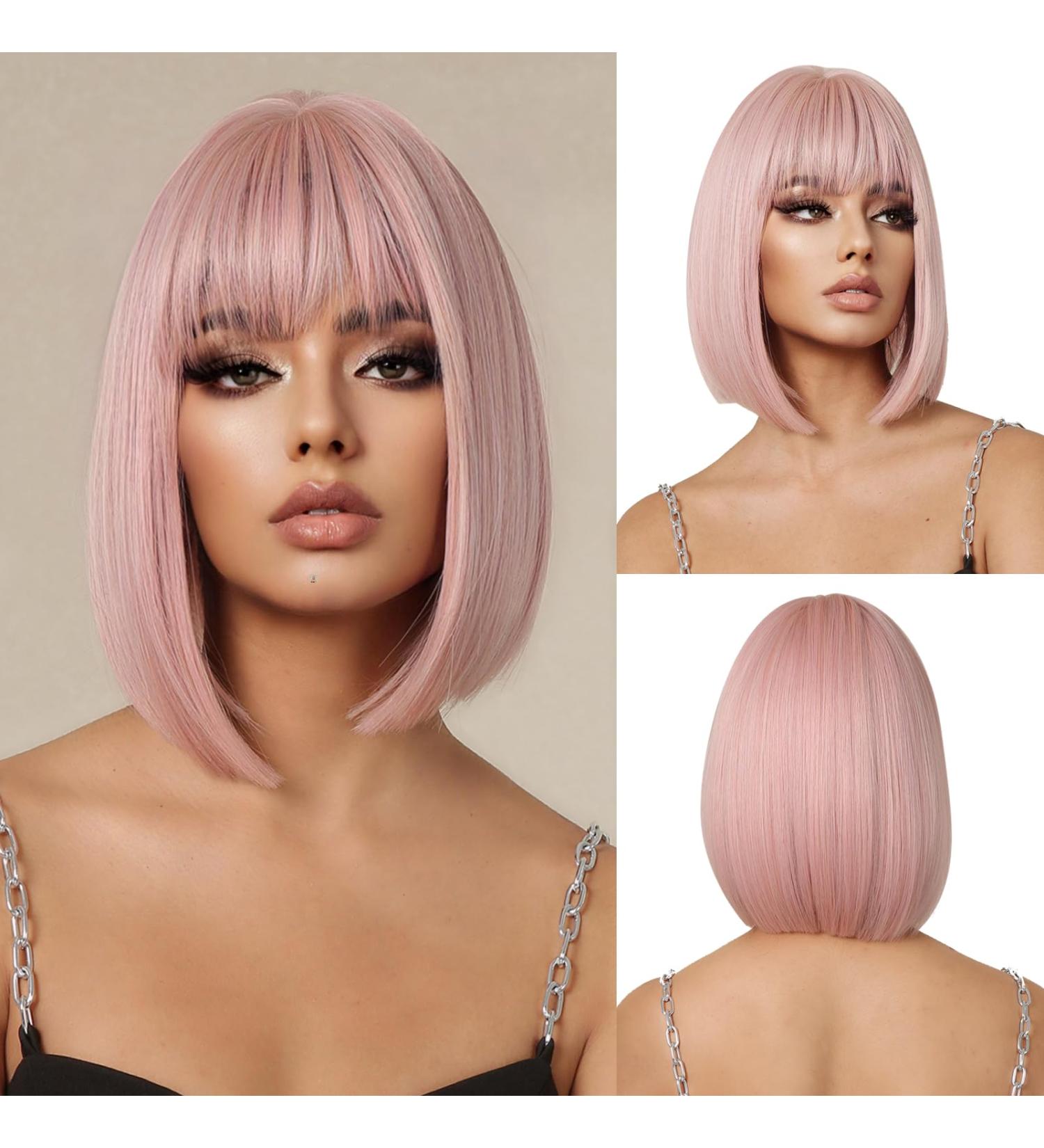 OUFEI Pink Bob Wig With Bangs Short Straight Wig For Women Synthetic Hair Wigs for Daily Party Cosplay Wear Pink(1059-1) - Buy Online on GoSupps.com