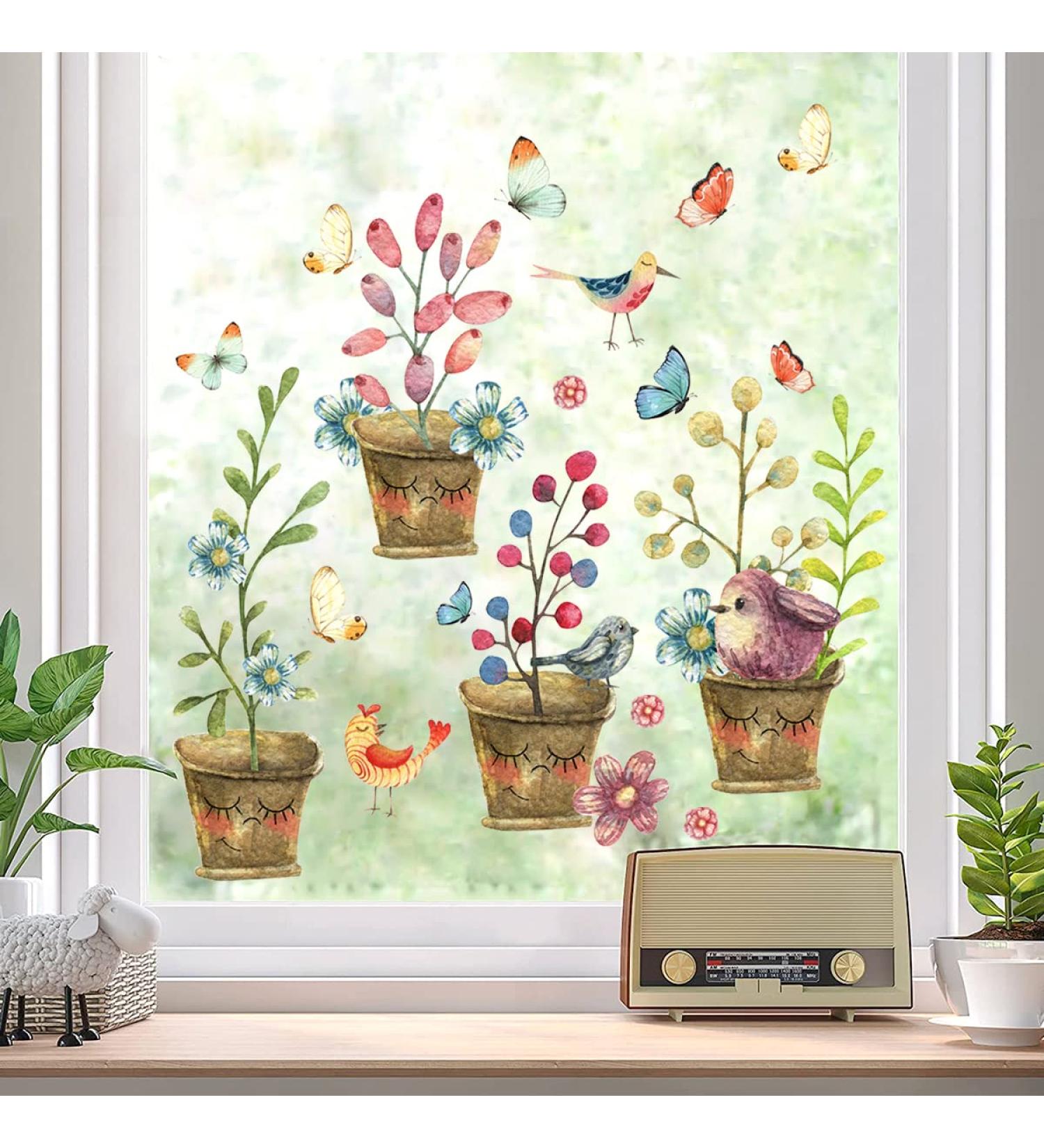 WandSticker4U Reusable Self-Adhesive Flower Pot Window Stickers - Vintage Design for Flowers, Plants, Birds - Ideal for Living Room, Kitchen, Bathroom, Children's Room - Large Size - Spring Theme - Buy Online on GoSupps.com