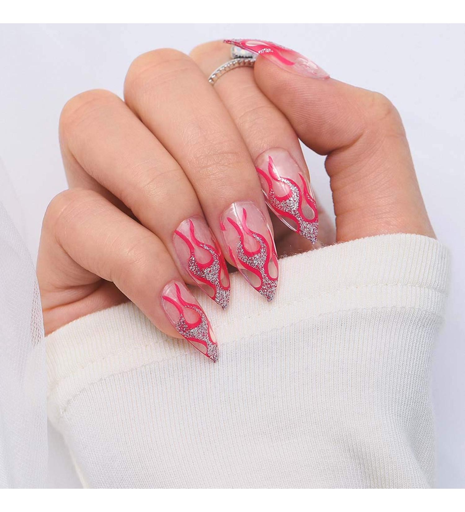 Sethexy Long Pink Fire Design Stiletto Glossy Acrylic Press-On Nails | 24pc Nail Tips for Women & Girls - Buy Online on GoSupps.com