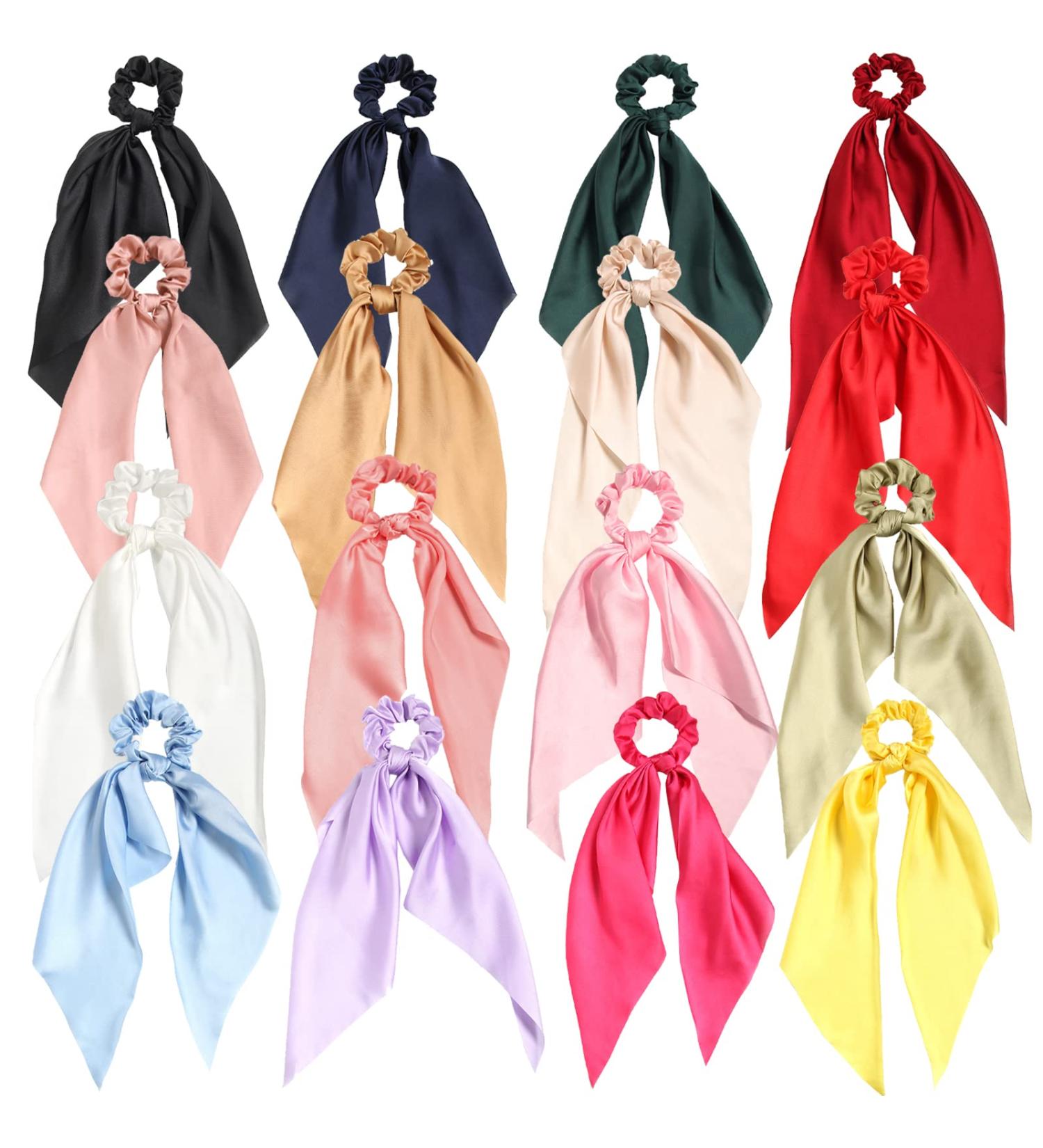 Satin Hair Scarf Scrunchies 16pcs Pack - Solid Color Bow Hair Bobbles for Women - Buy Online on GoSupps.com